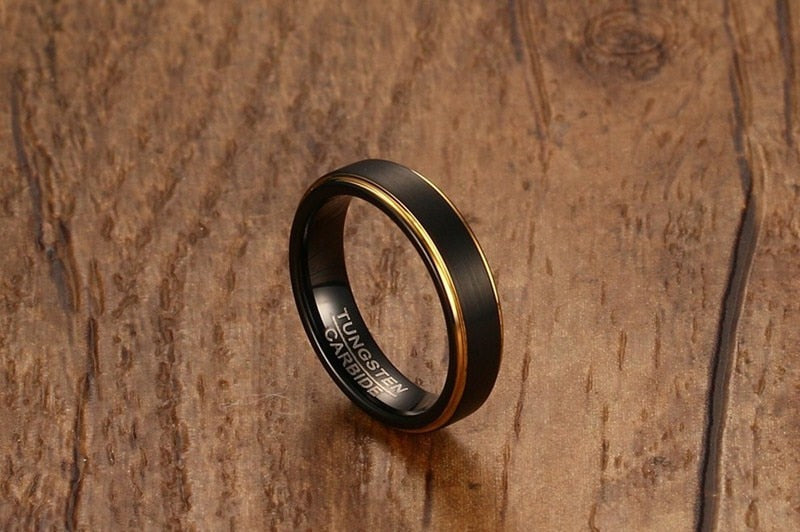 Classy Two Tone Black & Gold Tungsten 5mm Men's Wedding Band Ring showcasing its elegant design and durable material.
