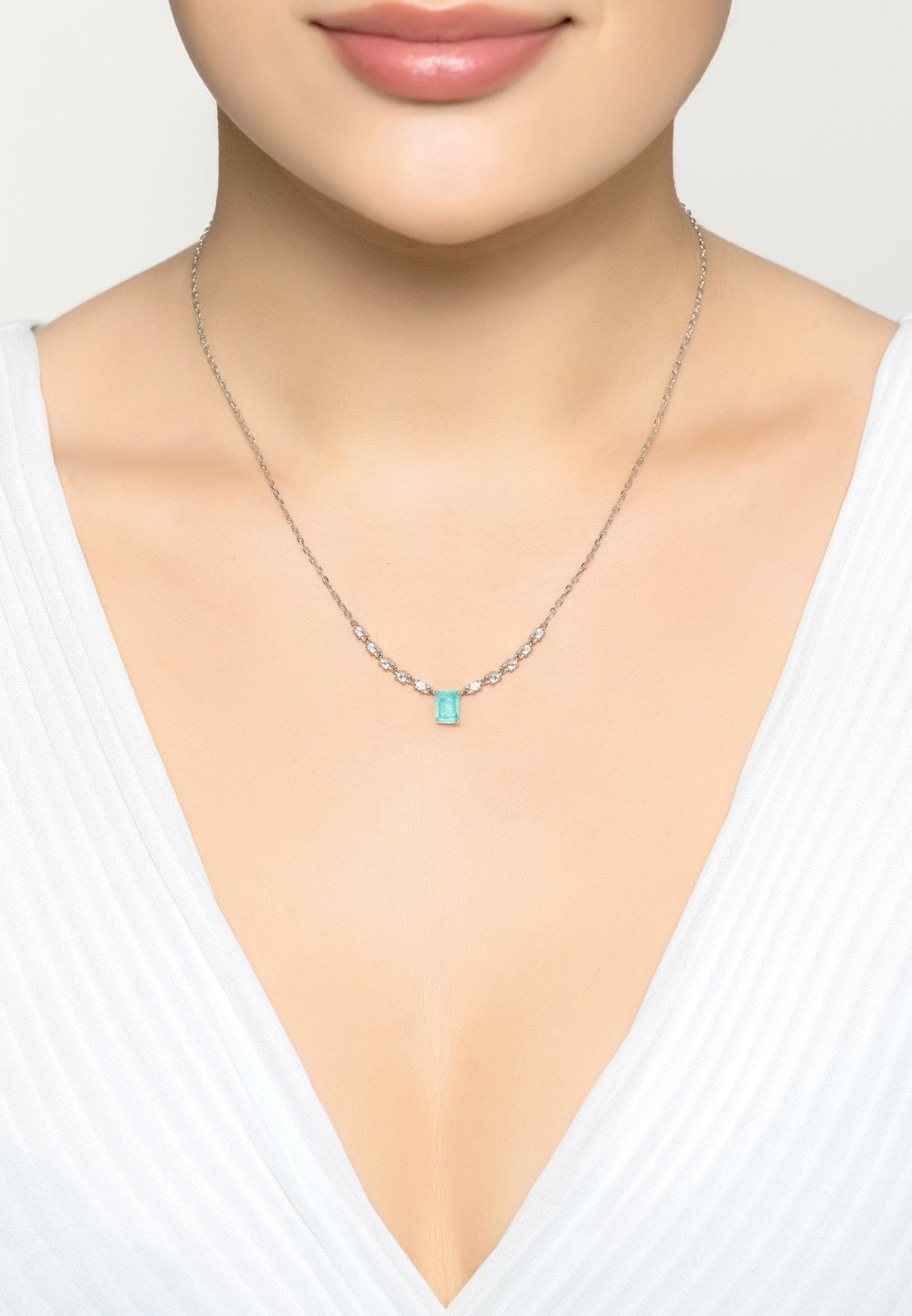 Claudia Gemstone Pendant Necklace featuring a rectangular Paraiba Tourmaline set in 925 sterling silver with cubic zirconia accents.