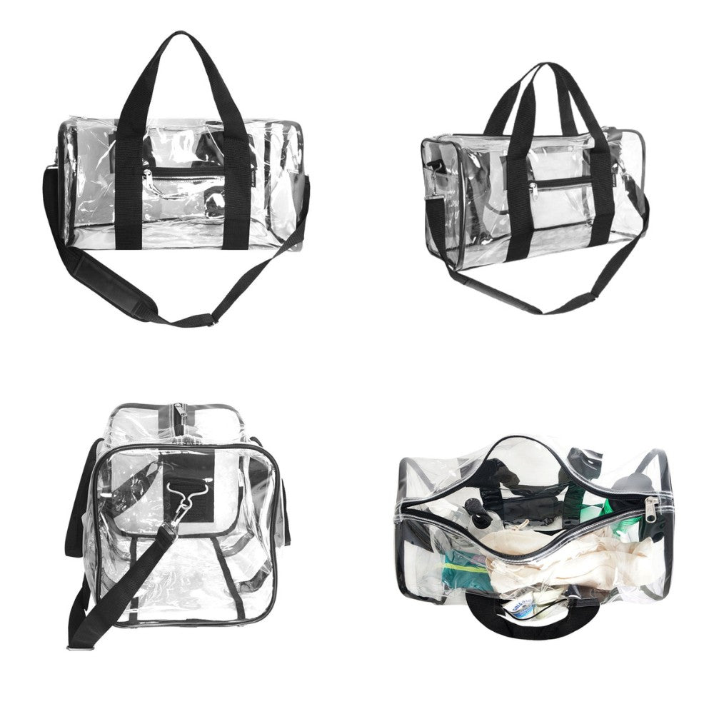 CLEAR BASIC GEAR DUFFEL BAG STANDARD, a transparent duffel bag with dual zippered compartments and adjustable shoulder strap.