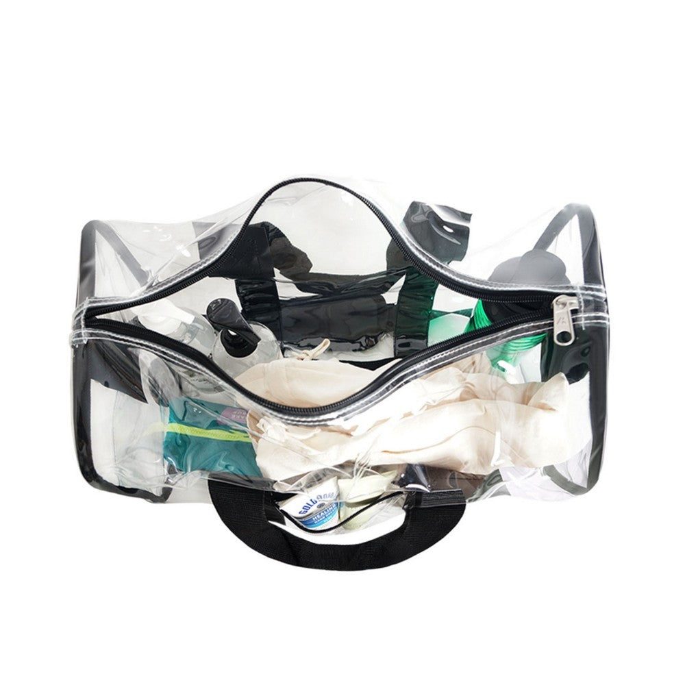 CLEAR BASIC GEAR DUFFEL BAG STANDARD, a transparent duffel bag with dual zippered compartments and adjustable shoulder strap.