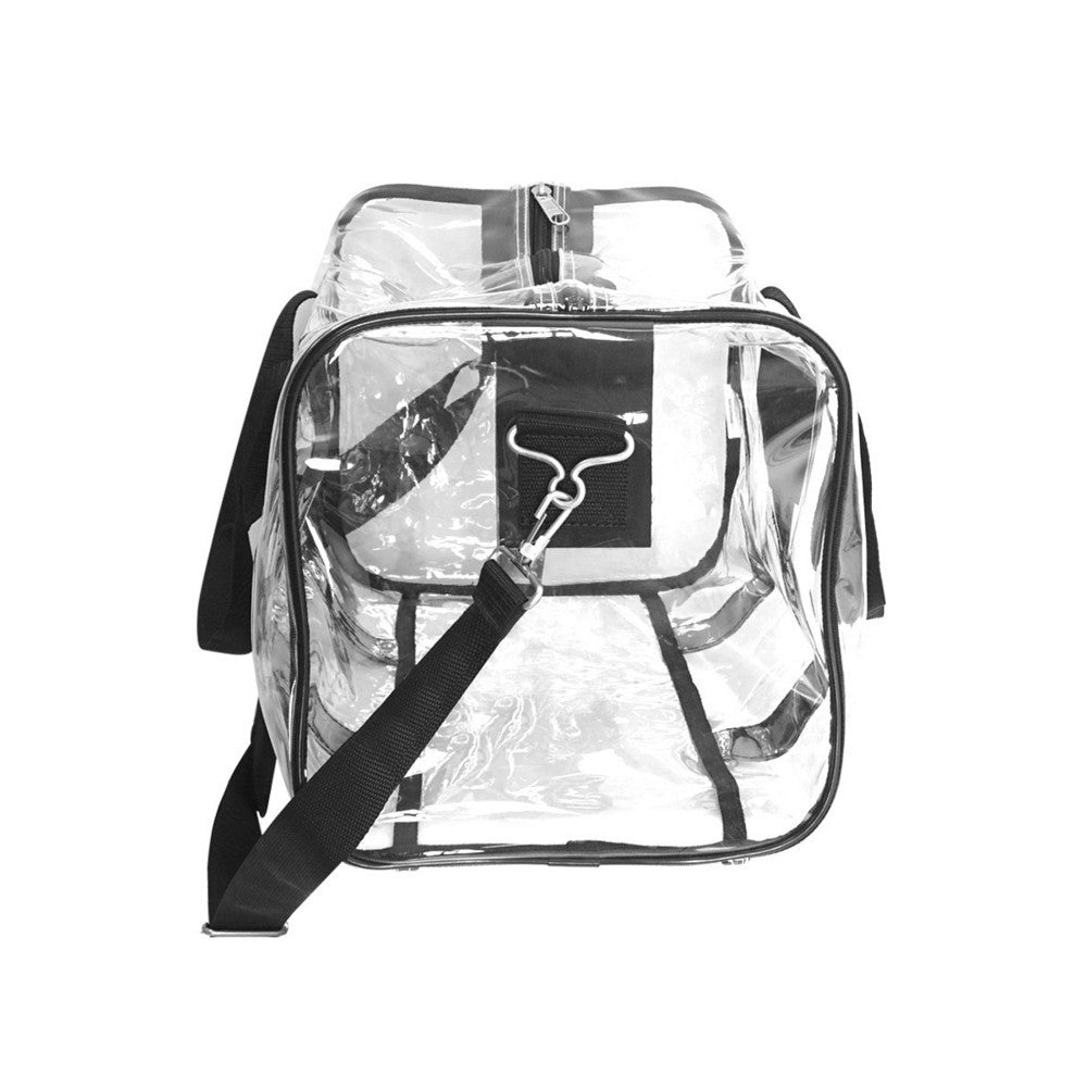 CLEAR BASIC GEAR DUFFEL BAG STANDARD, a transparent duffel bag with dual zippered compartments and adjustable shoulder strap.