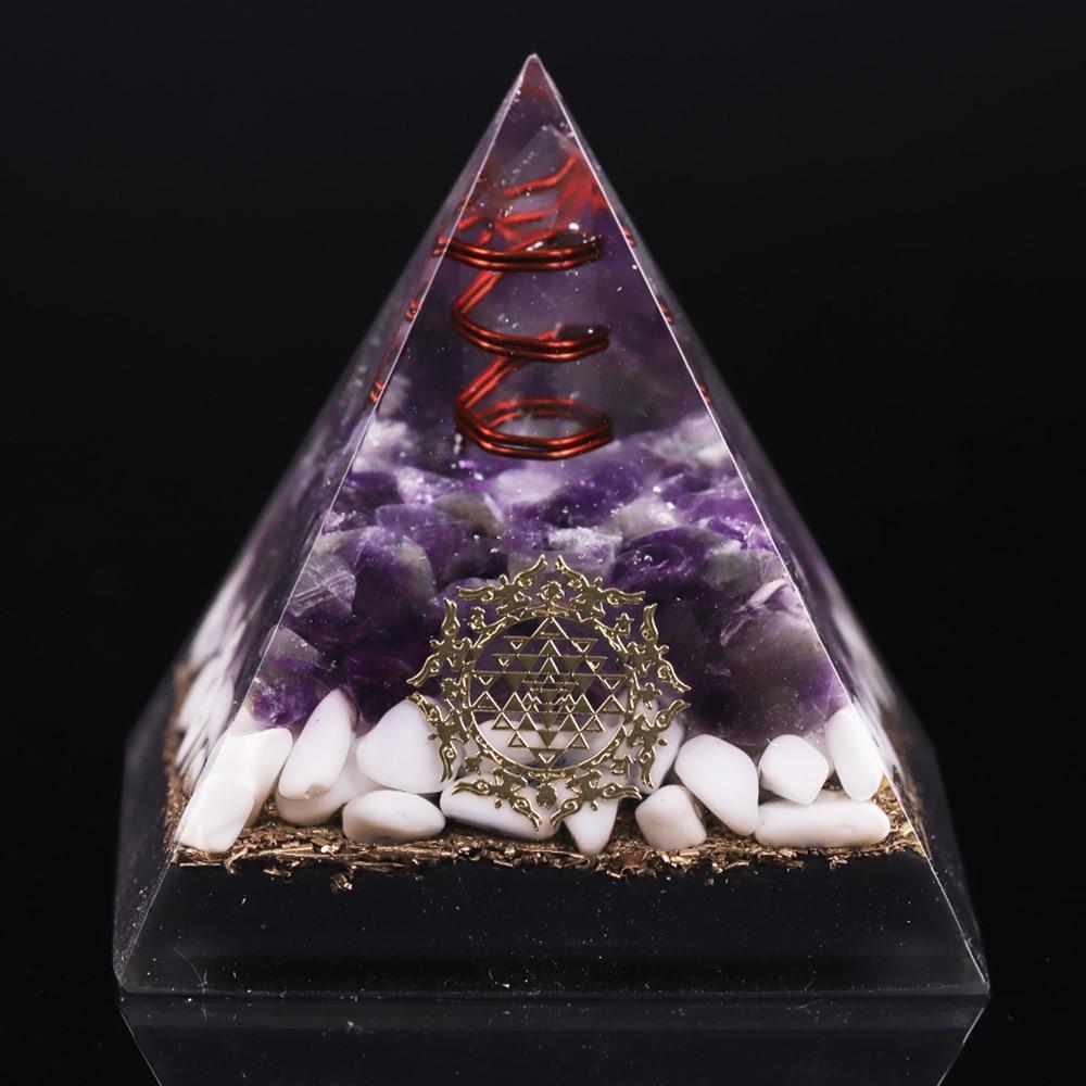 Clear Quartz Energy Point orgonite pyramid for EMF protection and chakra healing, handcrafted with natural stones.