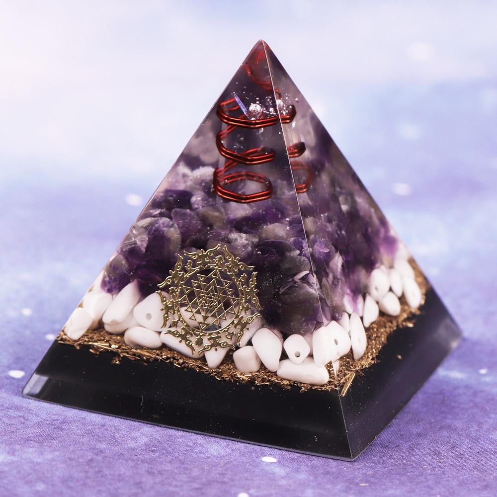 Clear Quartz Energy Point orgonite pyramid for EMF protection and chakra healing, handcrafted with natural stones.