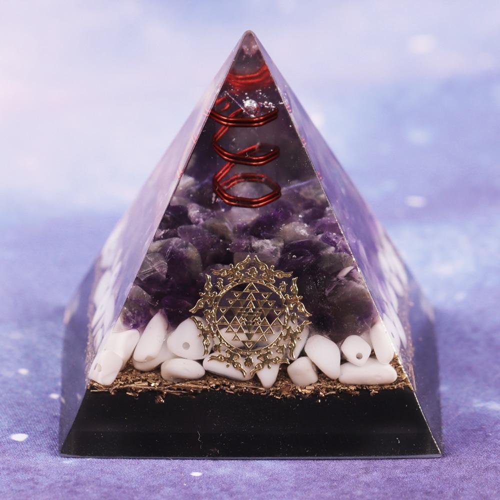 Clear Quartz Energy Point orgonite pyramid for EMF protection and chakra healing, handcrafted with natural stones.