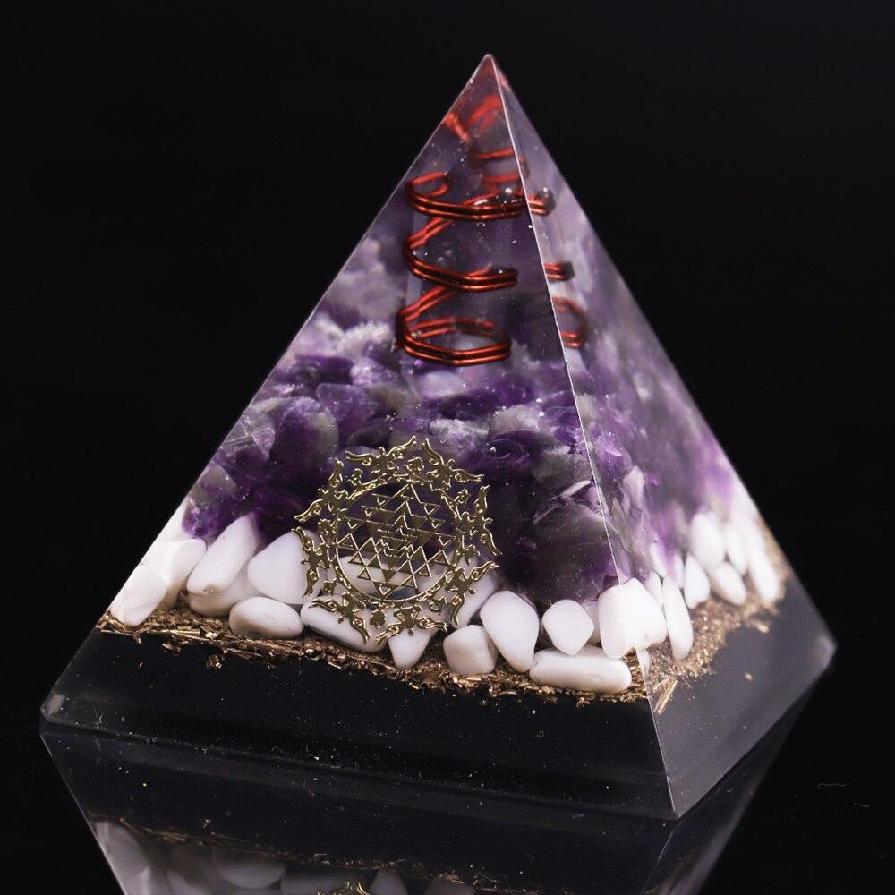 Clear Quartz Energy Point orgonite pyramid for EMF protection and chakra healing, handcrafted with natural stones.