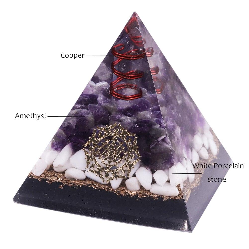Clear Quartz Energy Point orgonite pyramid for EMF protection and chakra healing, handcrafted with natural stones.