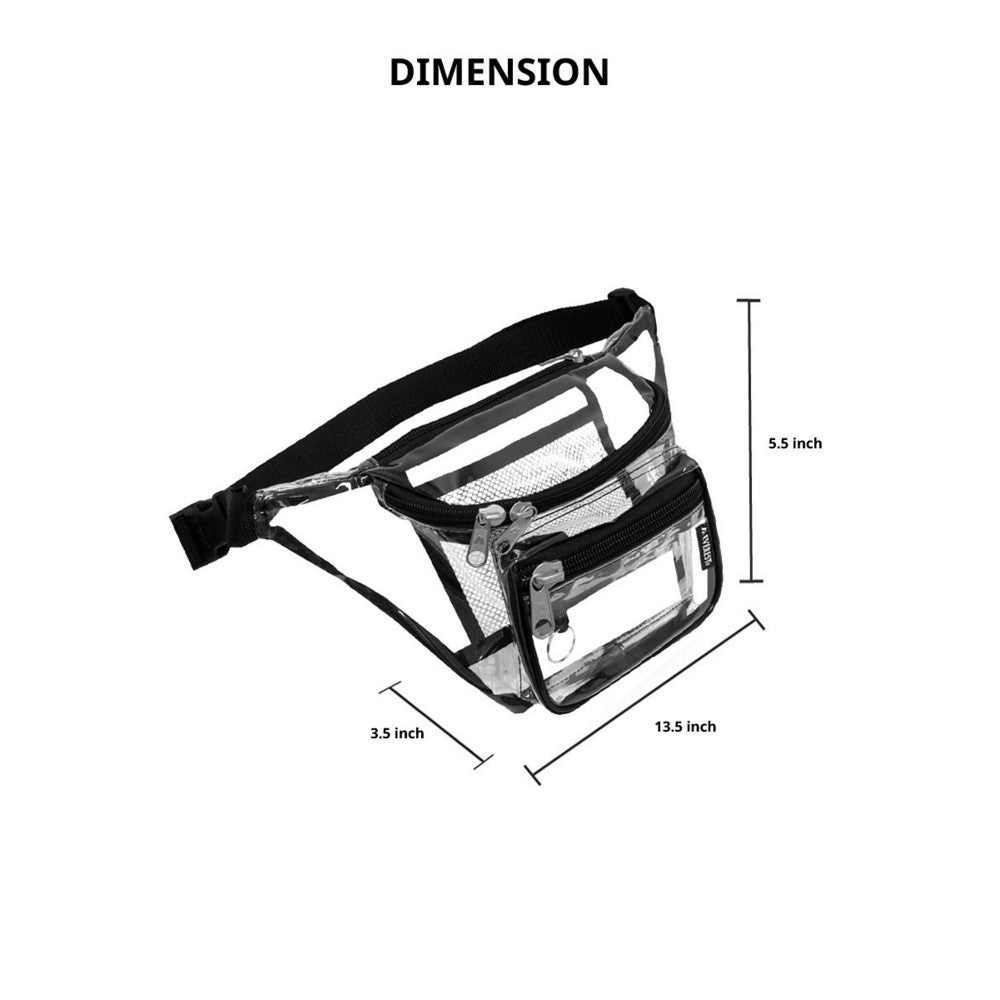 CLEAR SIGNATURE WAIST PACK MEDIUM made of clear vinyl, featuring three zippered compartments and a snap waist buckle.