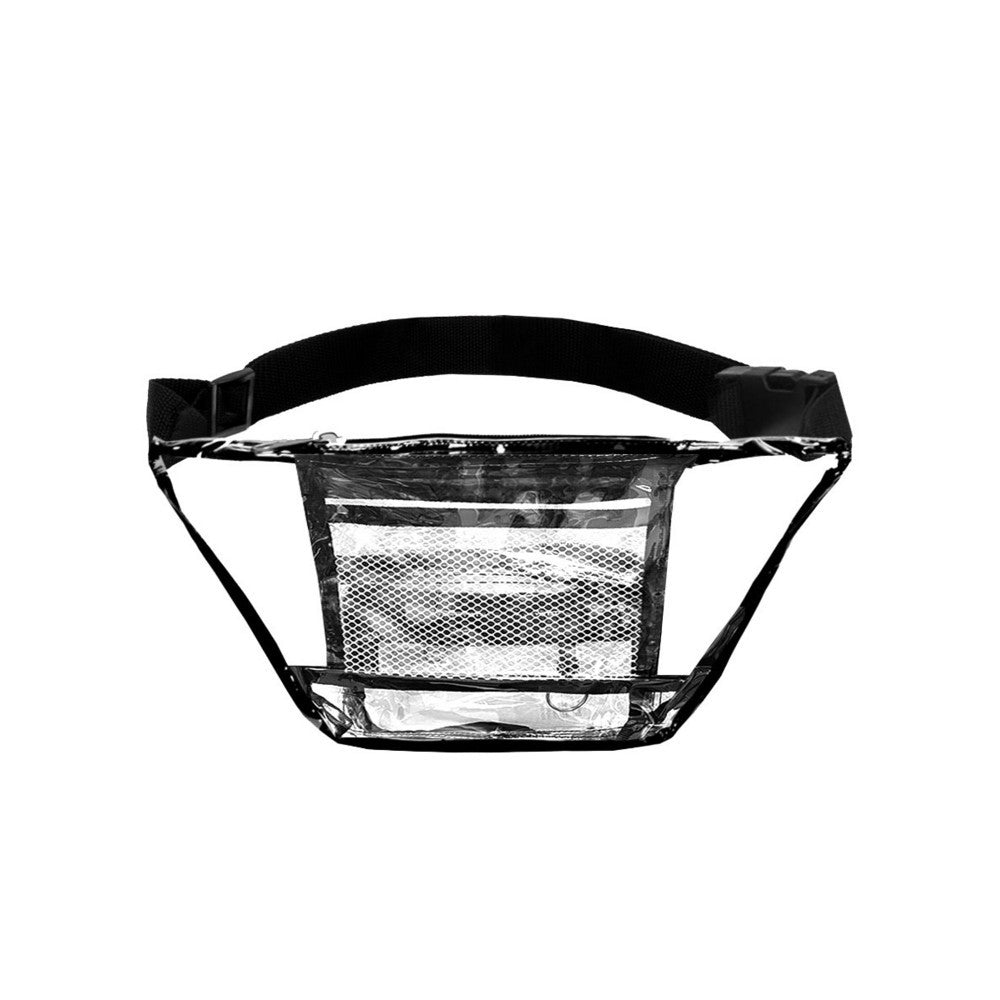 CLEAR SIGNATURE WAIST PACK MEDIUM made of clear vinyl, featuring three zippered compartments and a snap waist buckle.