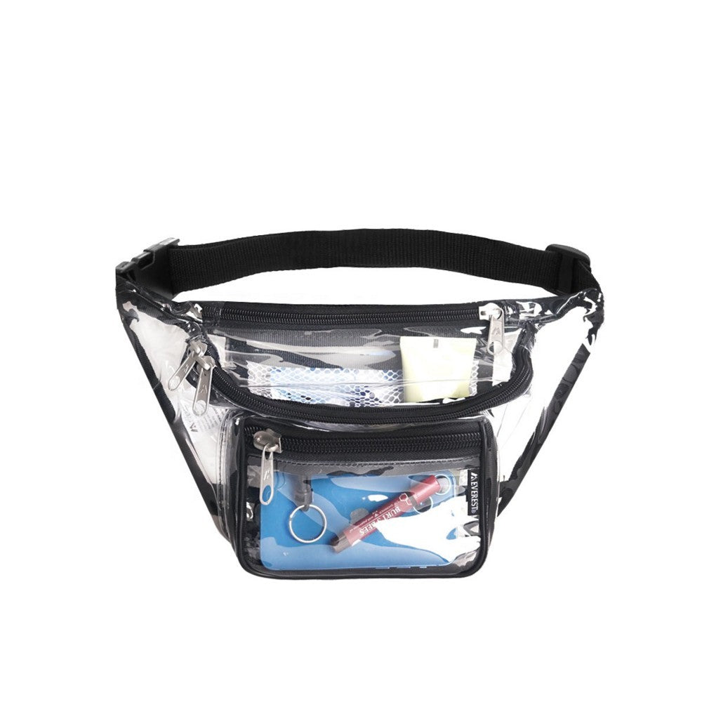 CLEAR SIGNATURE WAIST PACK MEDIUM made of clear vinyl, featuring three zippered compartments and a snap waist buckle.