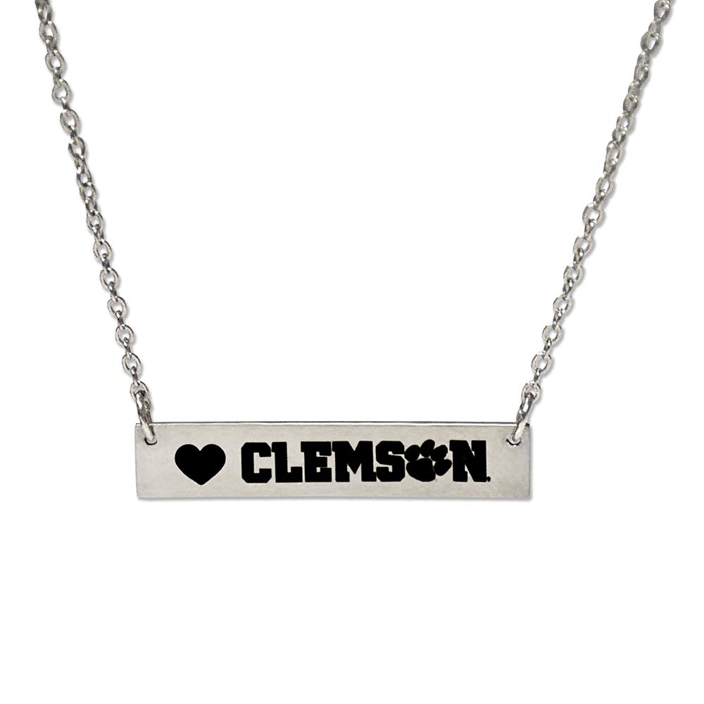 Clemson Bar Necklace featuring brushed silver finish and adjustable chain, showcasing school pride.