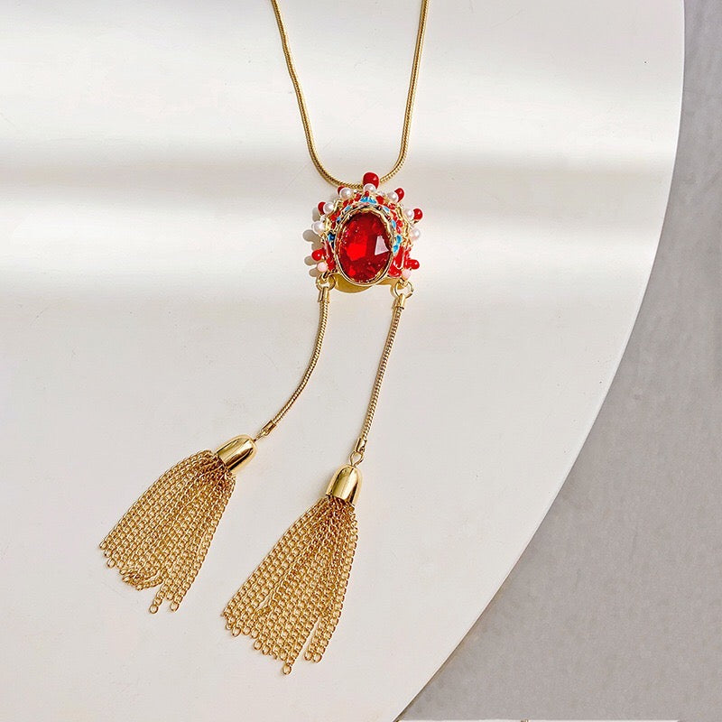 CLNLP Opera Face Necklace featuring alloy and pearl materials with a unique charm design.