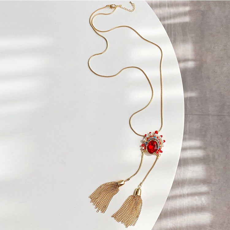 CLNLP Opera Face Necklace featuring alloy and pearl materials with a unique charm design.