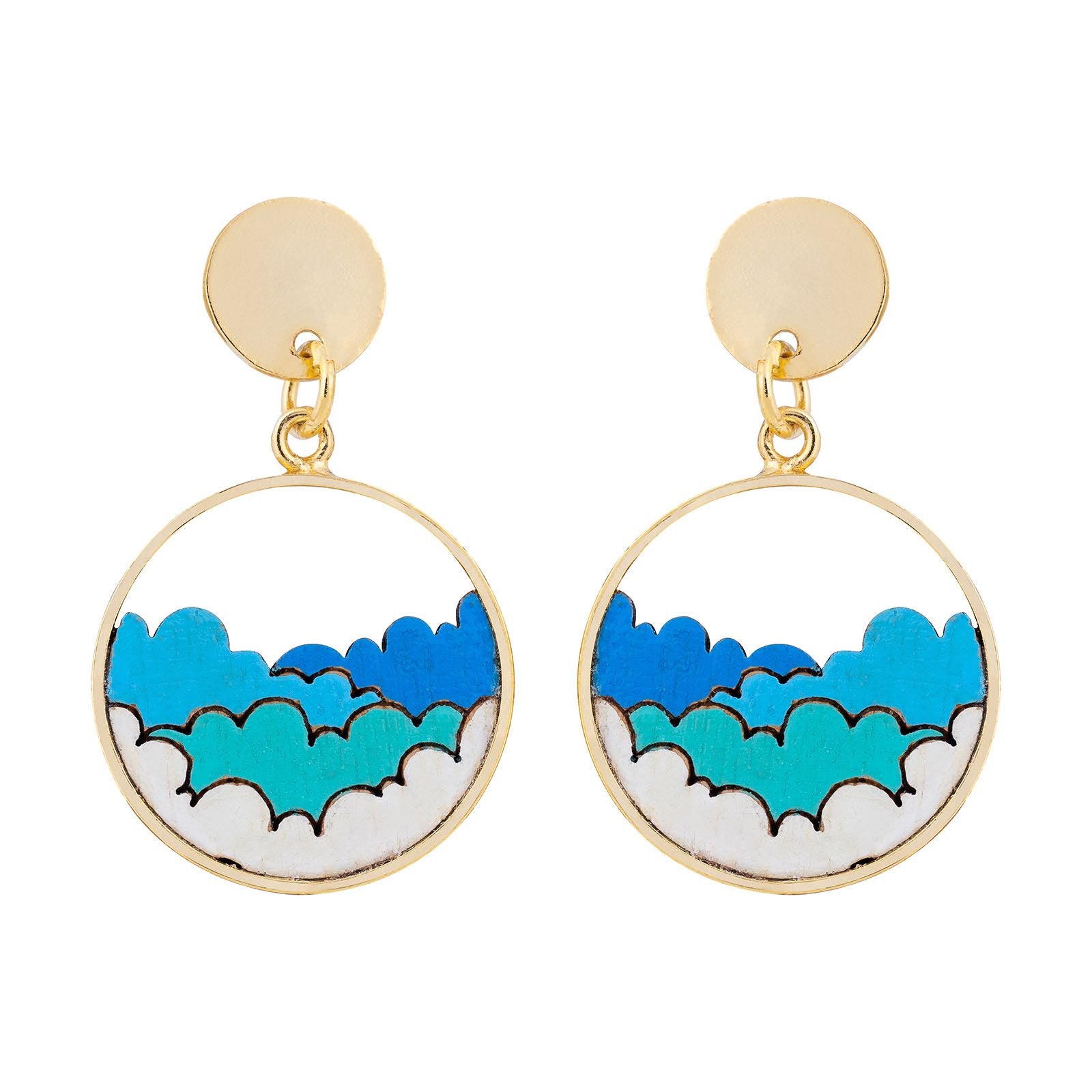 A pair of Cloud Eco-friendly Recycled Wood Gold Earrings, showcasing unique wood patterns and elegant 24K gold plating, presented in a luxury gift box.