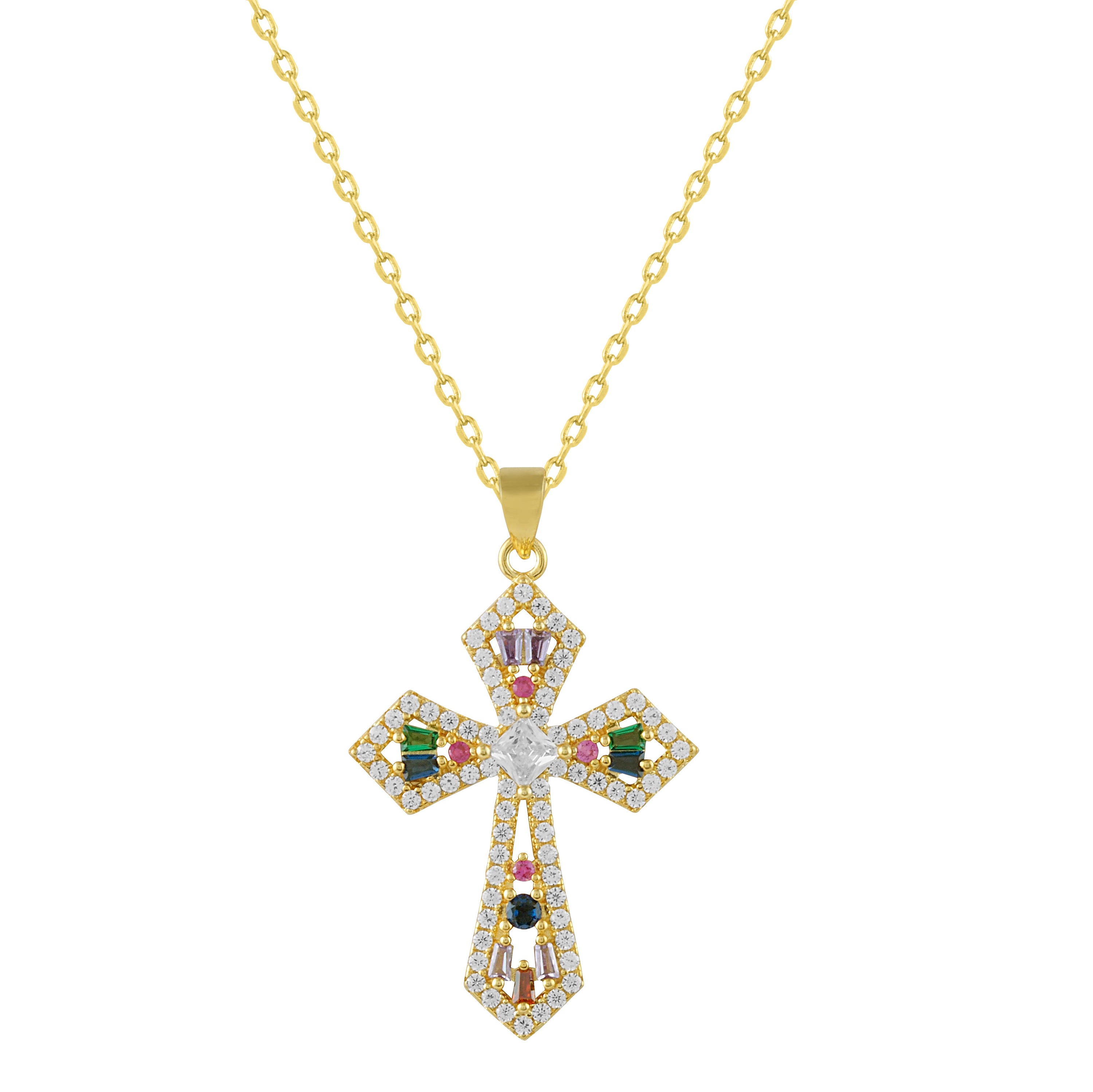 Collar Cruz Templaria featuring a templar cross pendant adorned with multicolor zirconias, showcasing elegance and historical significance.