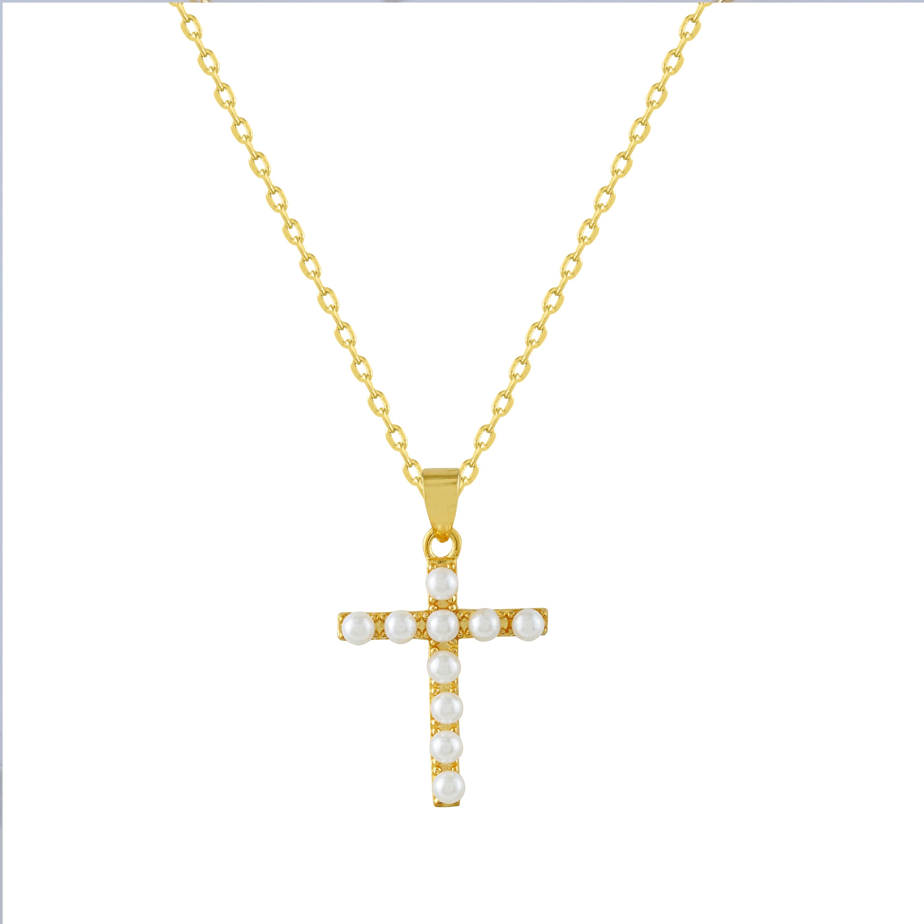 Collar de plata bañada en oro con colgante de cruz y perlas de 2 mm, elegante y sofisticado.