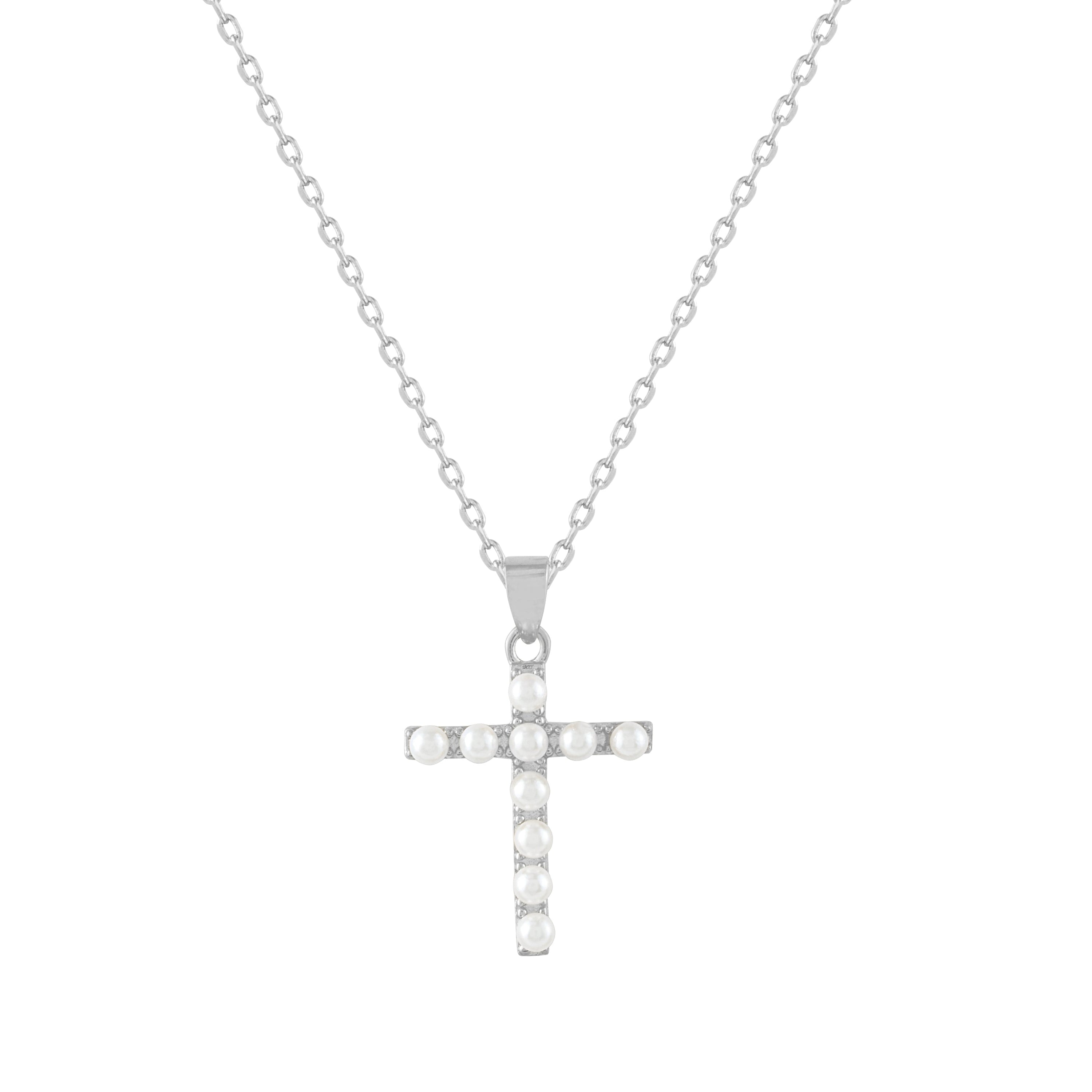 Collar de plata con colgante de cruz y perlas de 2 mm, elegante y sofisticado.