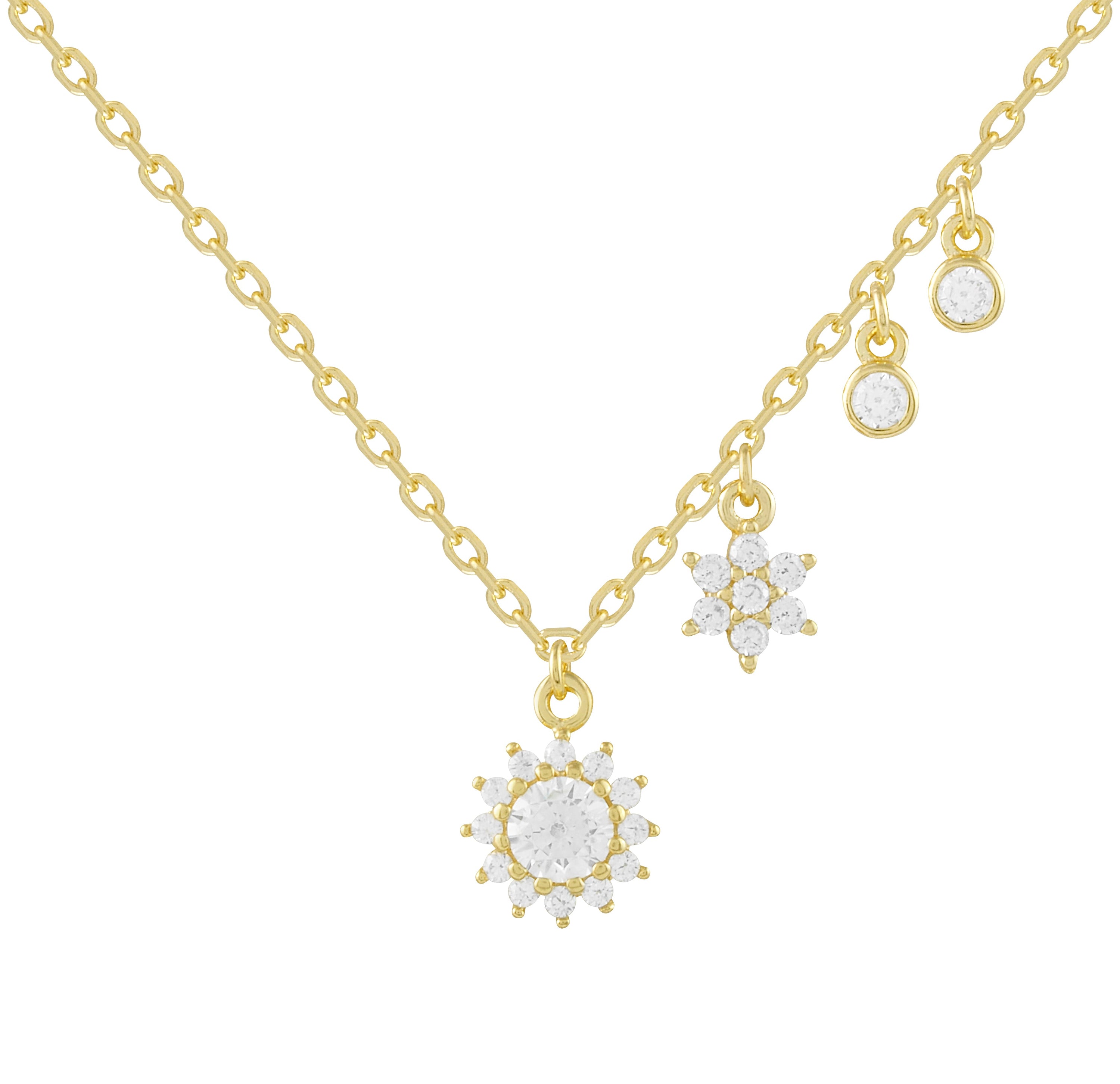 Collar de plata bañada en oro amarillo con colgantes de circonitas blancas, elegante y brillante, ideal para ocasiones especiales.