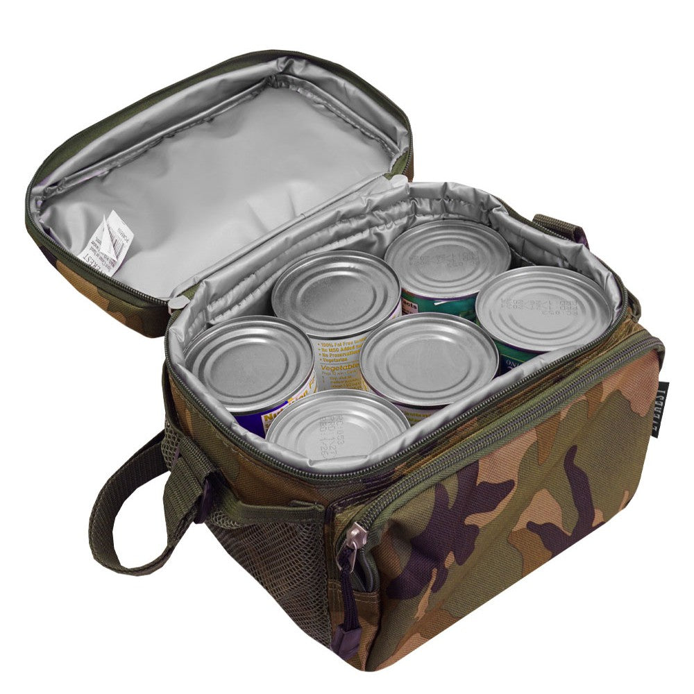 Insulated Cooler / Lunch Pattern Bag with adjustable strap and multiple pockets for storage.