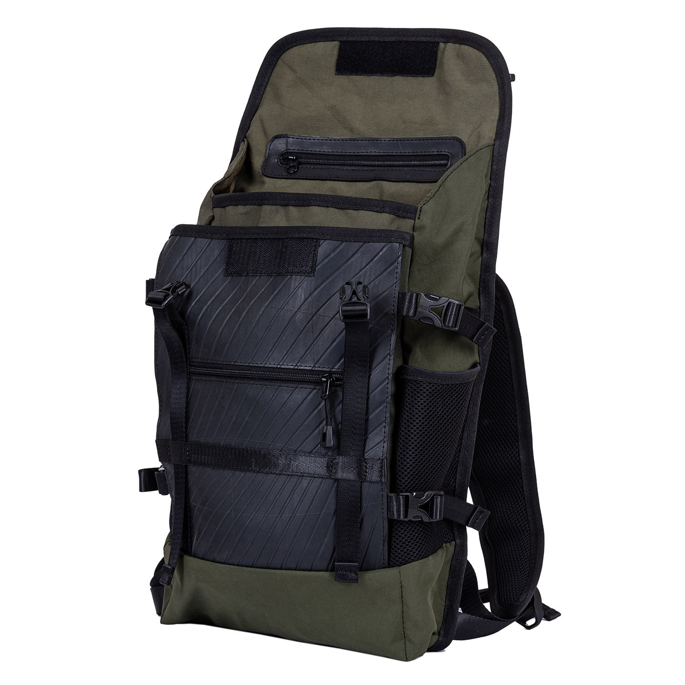 Colonel Vegan Water Resistant Backpack featuring a padded laptop compartment, made from reclaimed materials, showcasing its eco-friendly design.