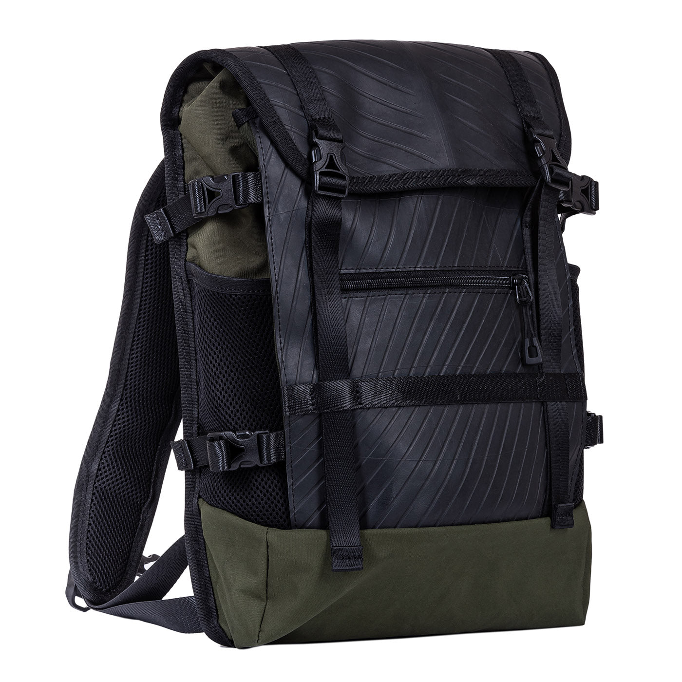 Colonel Vegan Water Resistant Backpack featuring a padded laptop compartment, made from reclaimed materials, showcasing its eco-friendly design.