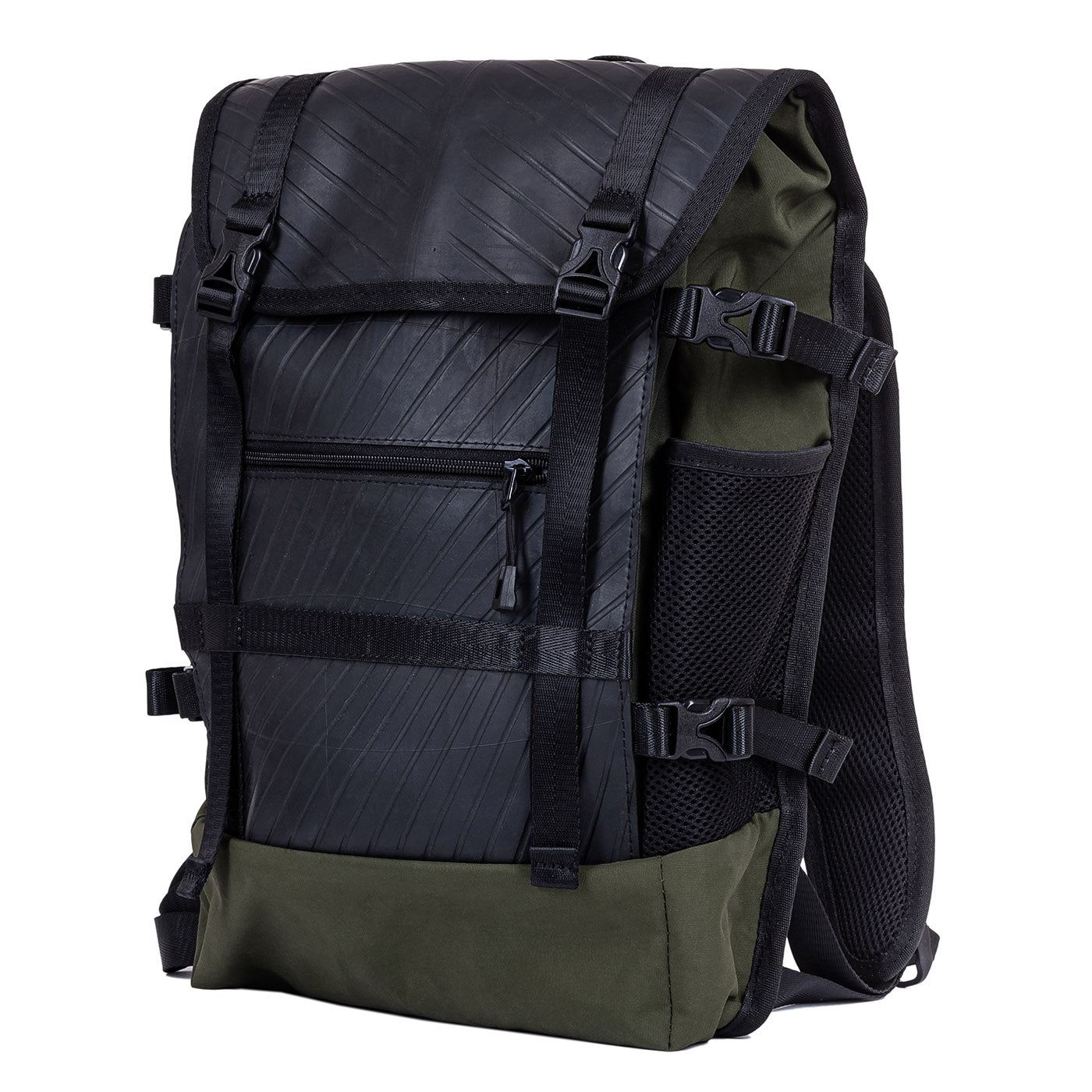 Colonel Vegan Water Resistant Backpack featuring a padded laptop compartment, made from reclaimed materials, showcasing its eco-friendly design.