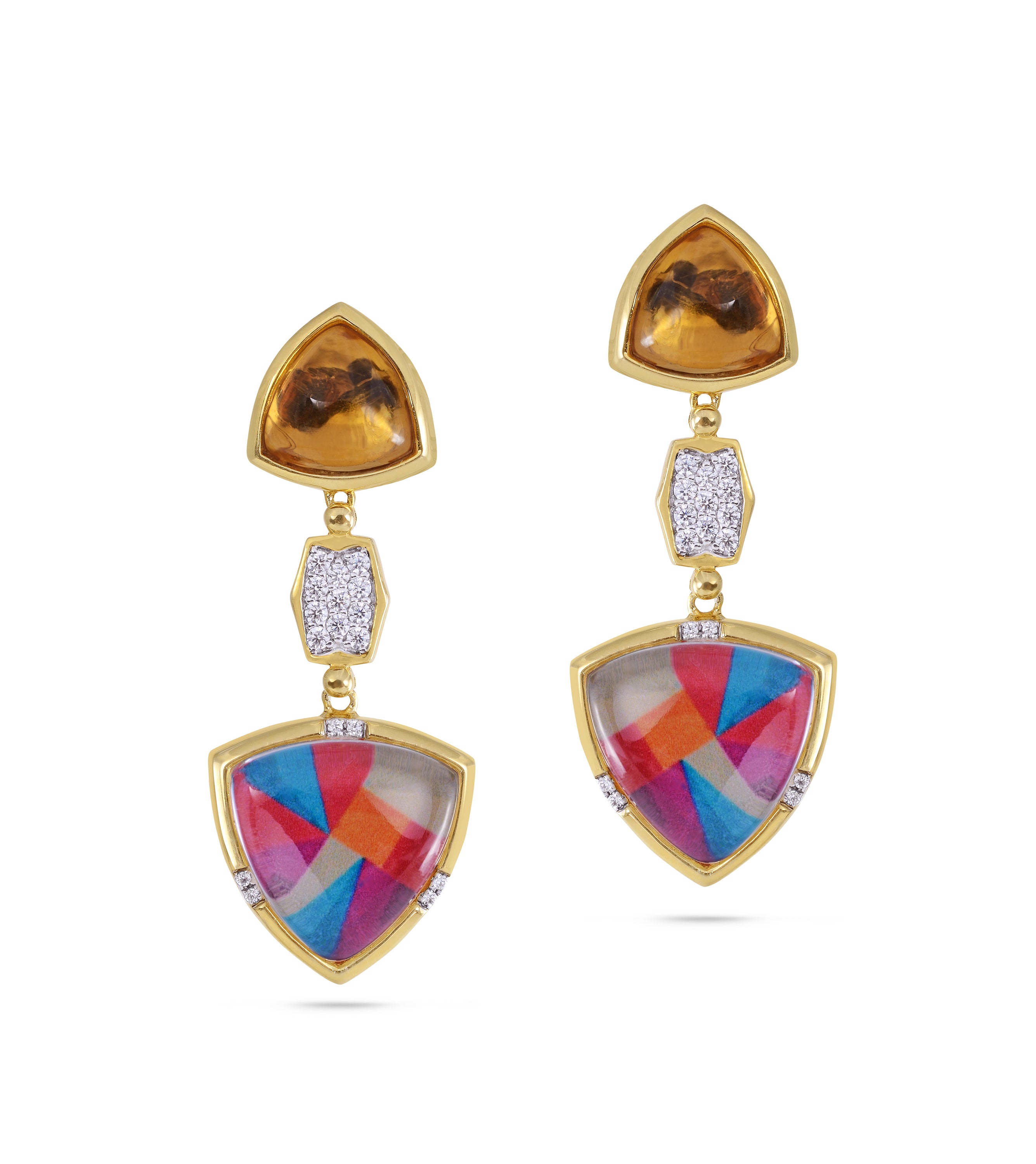 Colorful Canvas Diamond & Citrine Earrings featuring yellow gold plating, citrine stones, and colorful crystal motifs.