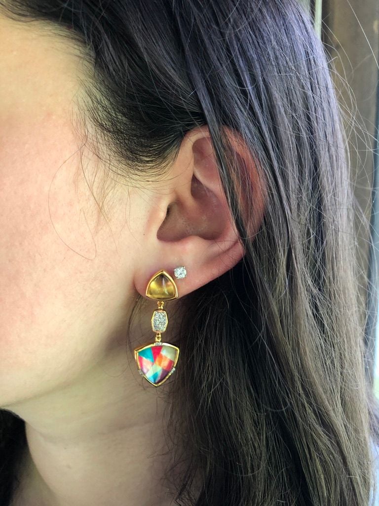 Colorful Canvas Diamond & Citrine Earrings featuring yellow gold plating, citrine stones, and colorful crystal motifs.