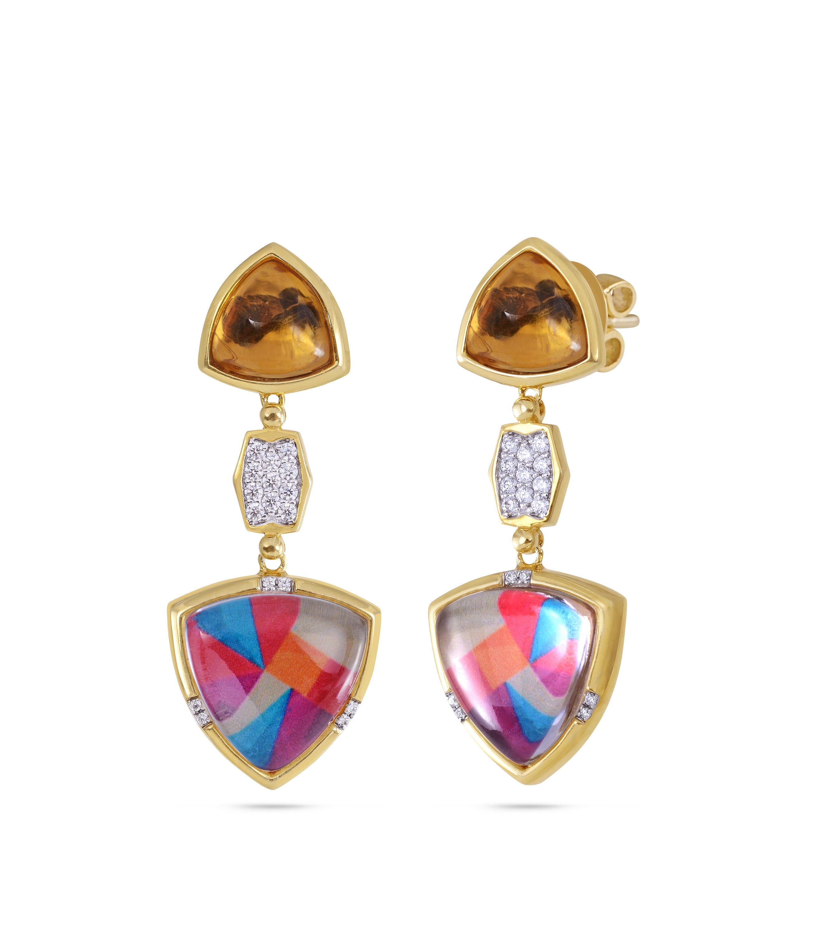 Colorful Canvas Diamond & Citrine Earrings featuring yellow gold plating, citrine stones, and colorful crystal motifs.