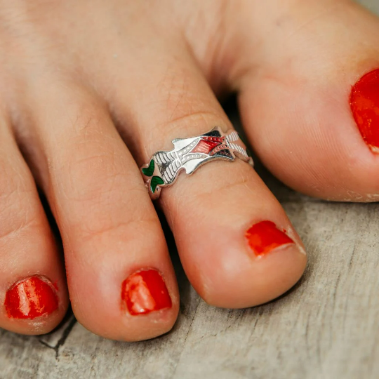 Colourful Enamel Adjustable Pure Silver Band Boho Midi Beach Toe Ring showcasing vibrant enamel colors on a sterling silver base.
