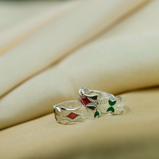 Colourful Enamel Adjustable Pure Silver Band Boho Midi Beach Toe Ring showcasing vibrant enamel colors on a sterling silver base.