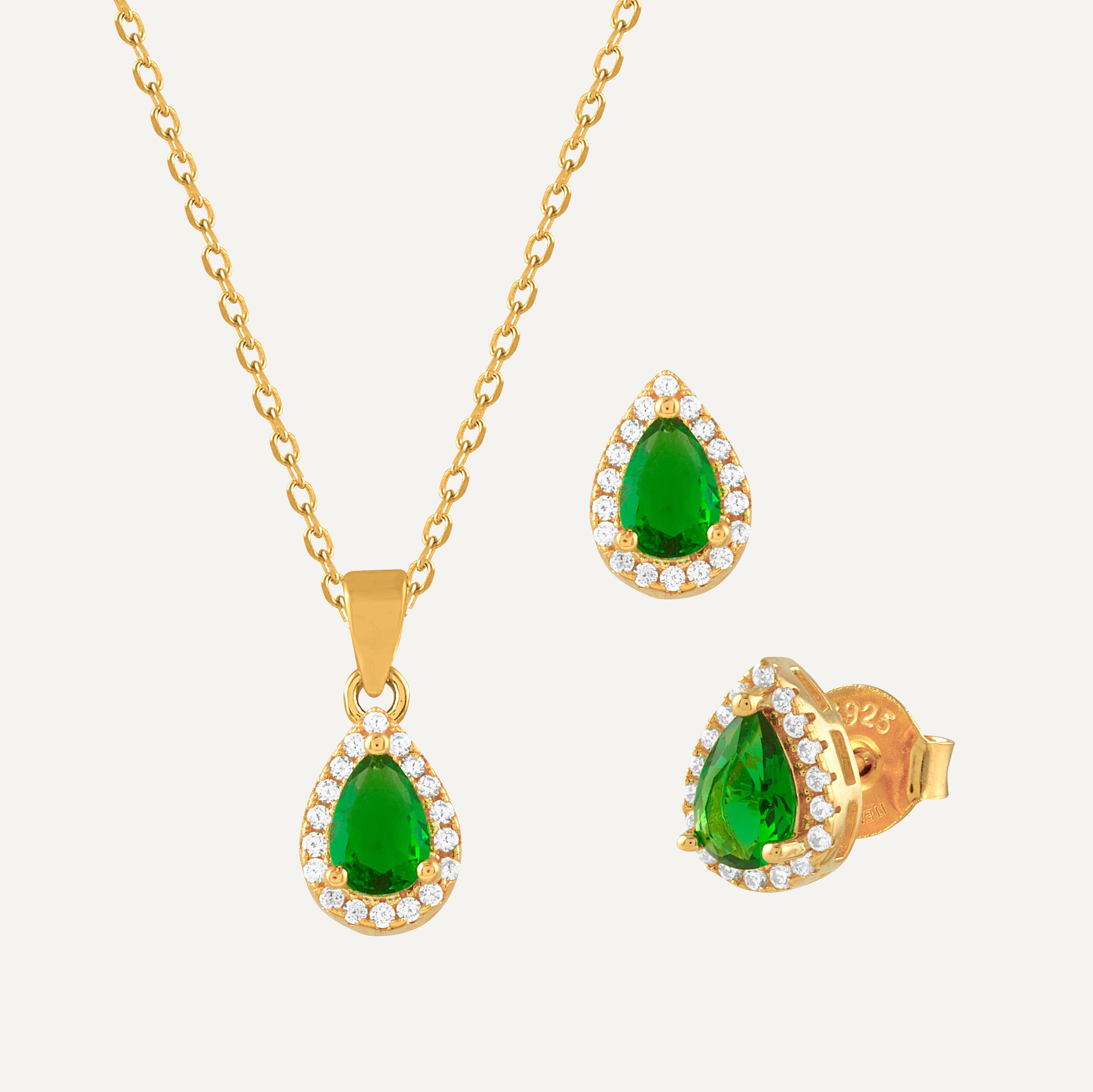 Conjunto de collar y pendientes bañada en oro de 18K con circonitas blancas y verdes, elegante y sofisticado.