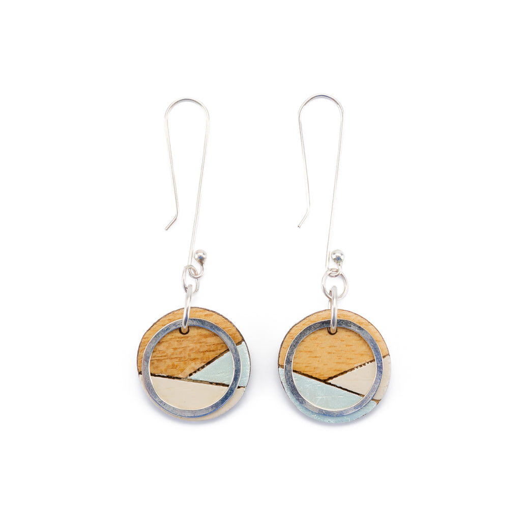 Conture Recycled Wood Silver Dangle Earrings in six vibrant colors, showcasing unique handcrafted designs made from recycled materials.