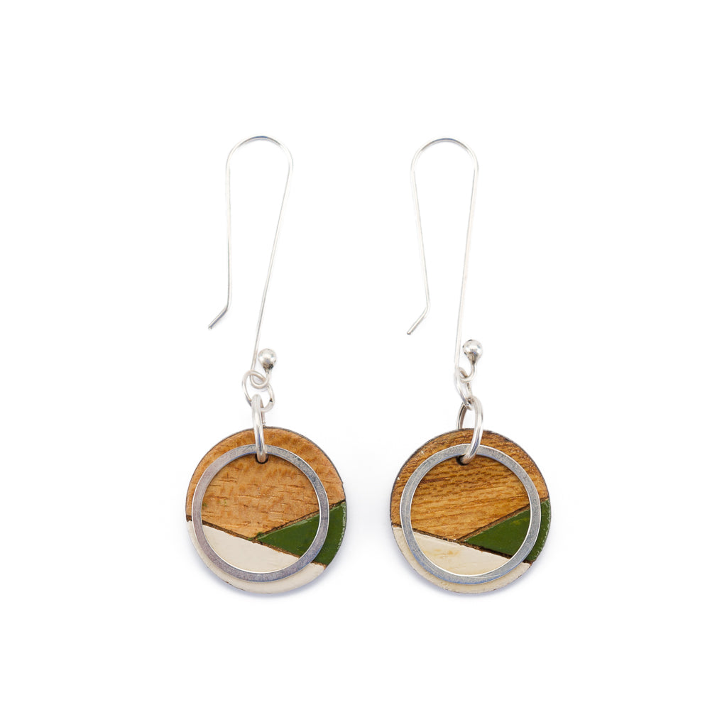 Conture Recycled Wood Silver Dangle Earrings in six vibrant colors, showcasing unique handcrafted designs made from recycled materials.