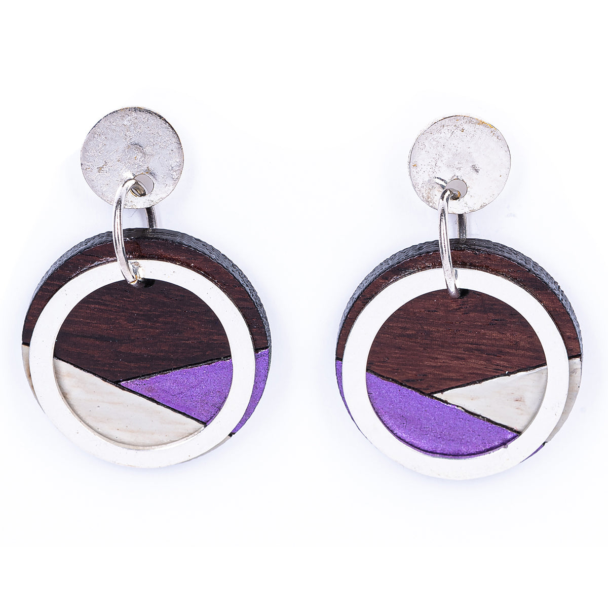 Conture Recycled Wood Silver Earrings showcasing unique wood patterns and sterling silver backing, available in six colors.