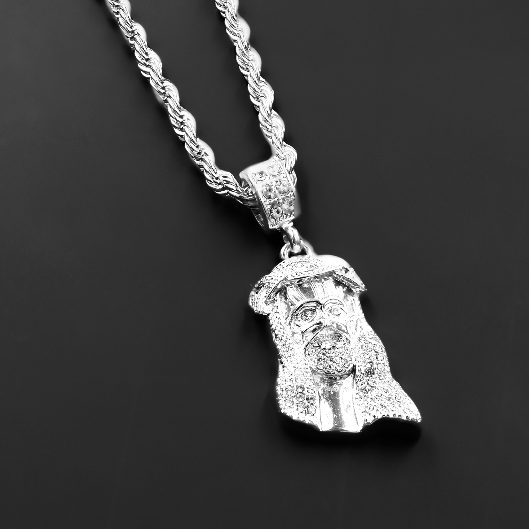 Intricate hip-hop jewelry featuring a crystal-studded pendant and a 24'' rope chain, showcasing elegance and style.