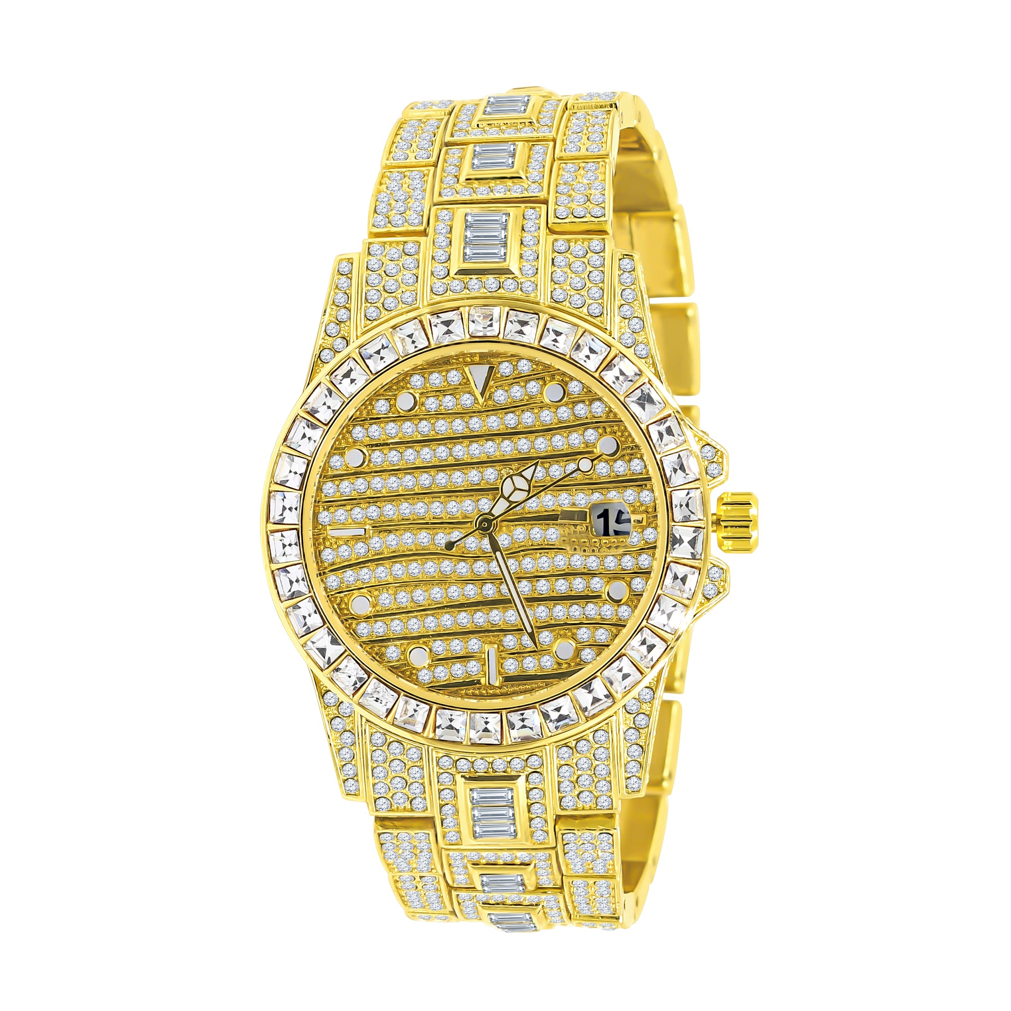 EXQUISITO Hip Hop Metal Watch featuring crystal accents and adjustable links, showcasing luxury and style.
