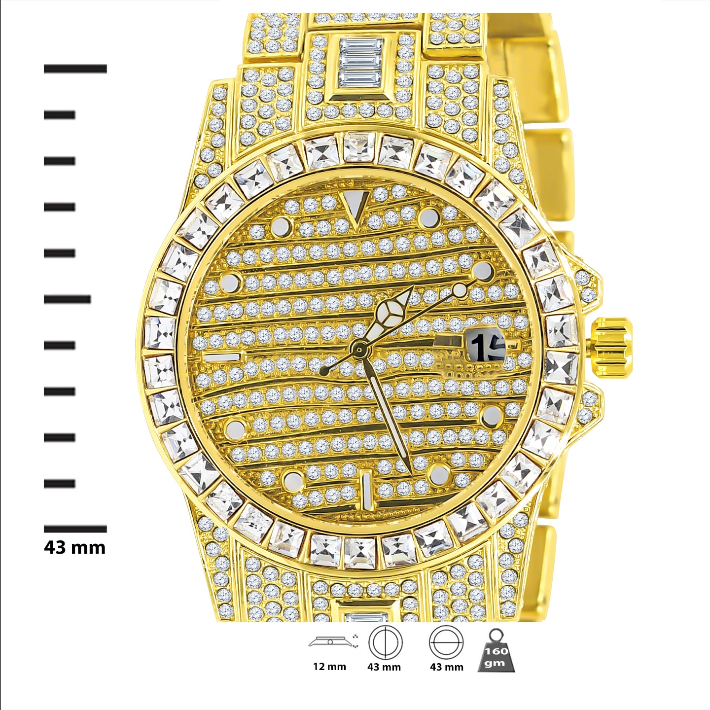 EXQUISITO Hip Hop Metal Watch featuring crystal accents and adjustable links, showcasing luxury and style.
