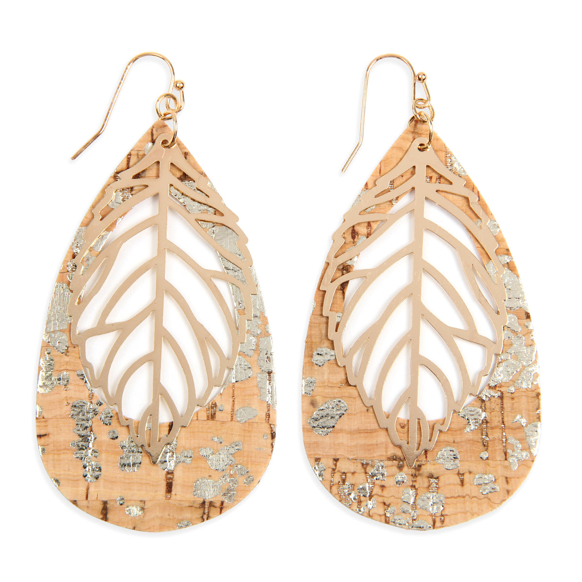 Cork Pattern Teardrop Earrings featuring intricate Metal Leaf Filigree design, showcasing a natural and elegant look.