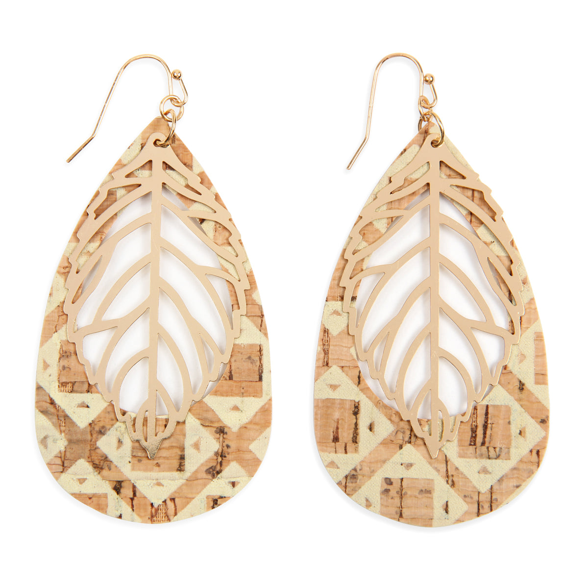 Cork Pattern Teardrop Earrings featuring intricate Metal Leaf Filigree design, showcasing a natural and elegant look.