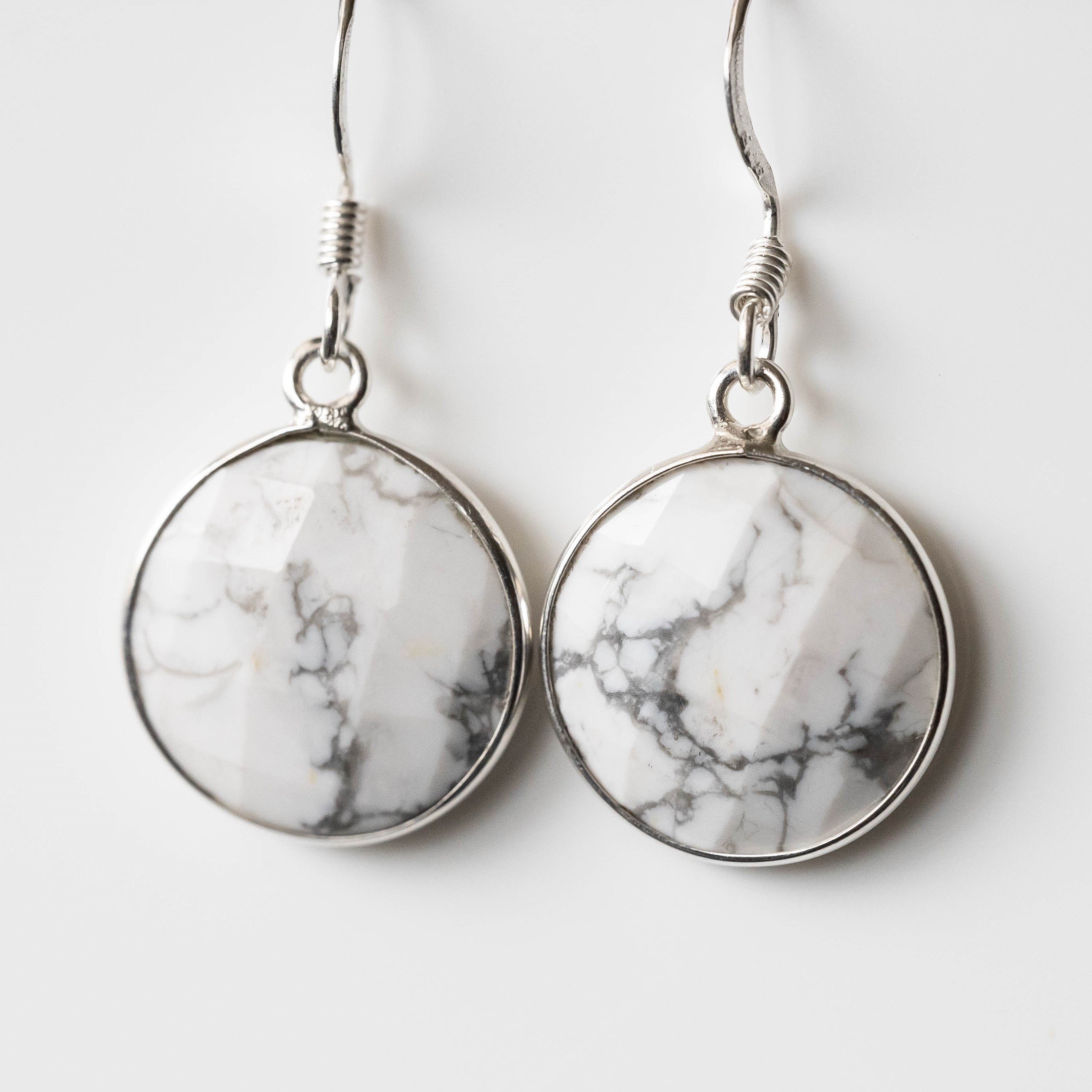 Cortney Howlite Round Drop Earrings featuring white howlite stones set in 925 sterling silver with anti-tarnish ear wires.
