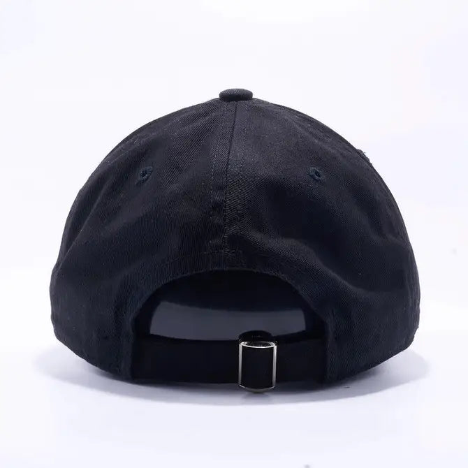 Cotton Twill Dad Hat featuring a low profile, curved visor, and antique brass buckle closure, made from 100% cotton.