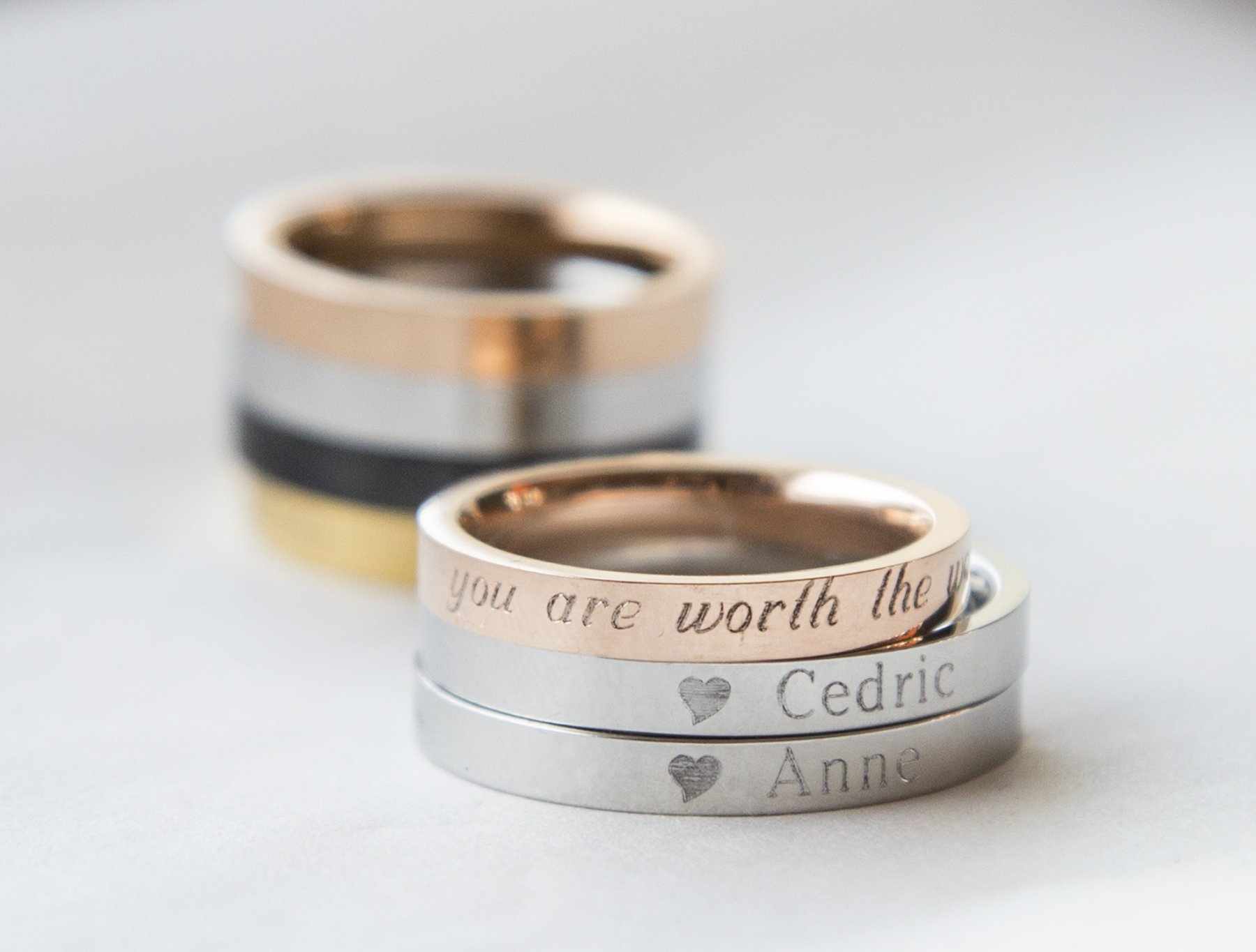 Personalized couple rings in rose gold, showcasing a 3mm width and elegant design, perfect for promises and gifts.