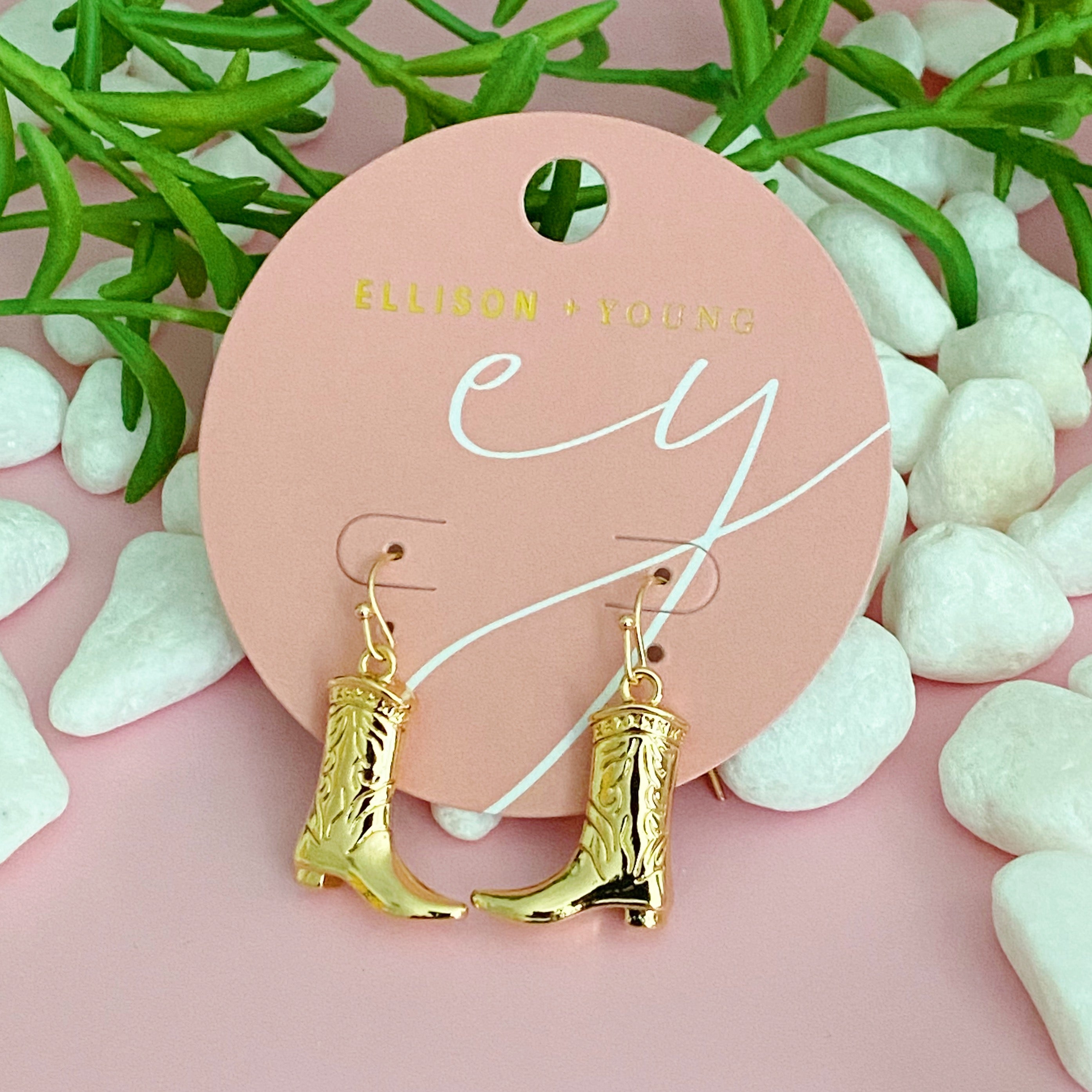 A pair of stylish Cowgirl Bootie Dangle Earrings featuring detailed boot charms on fishhook design, perfect for western-inspired fashion.