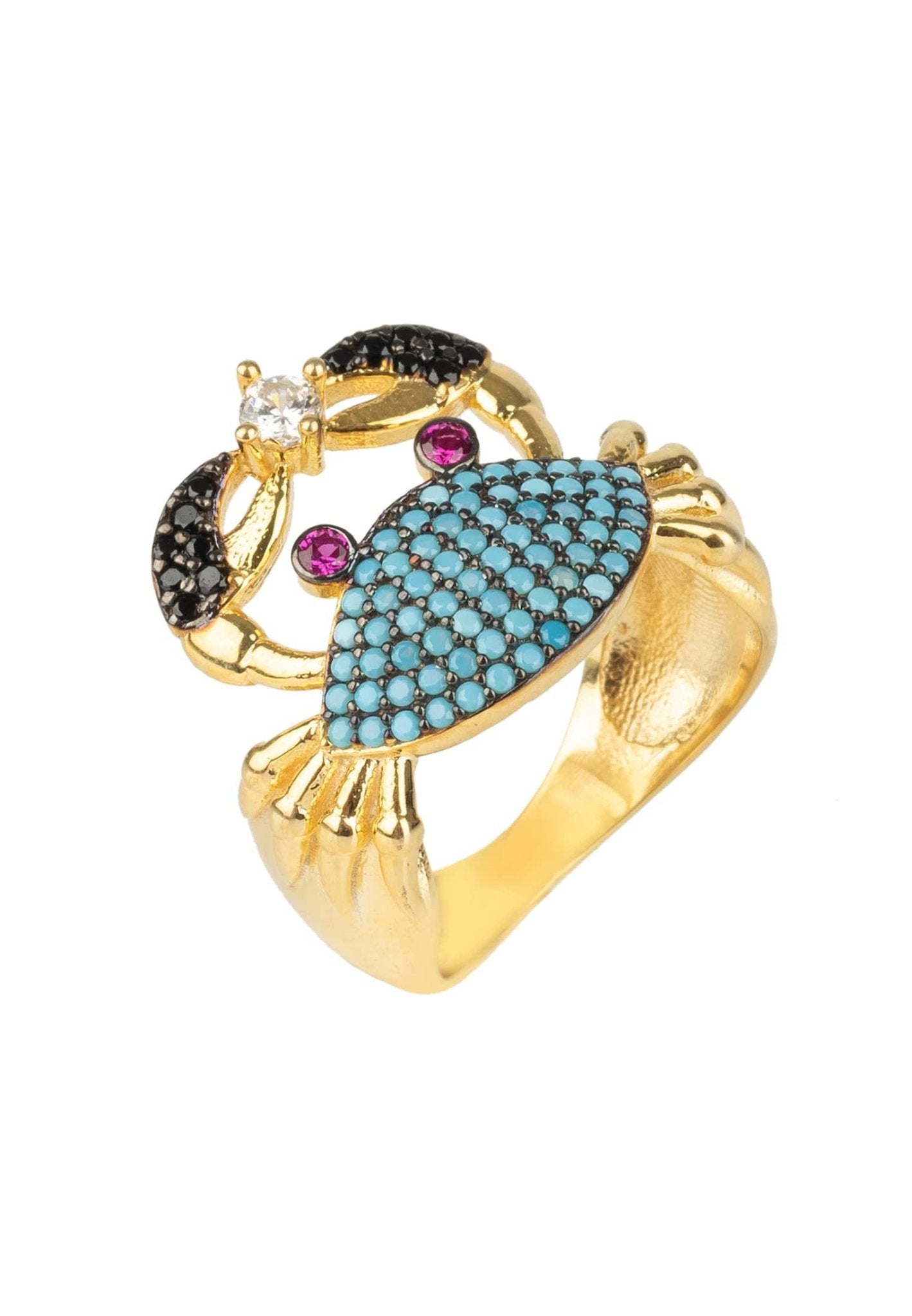 A vibrant Crab Cocktail Ring featuring a turquoise blue body, pink eyes, and black claws, elegantly crafted in 925 sterling silver with 22ct gold.