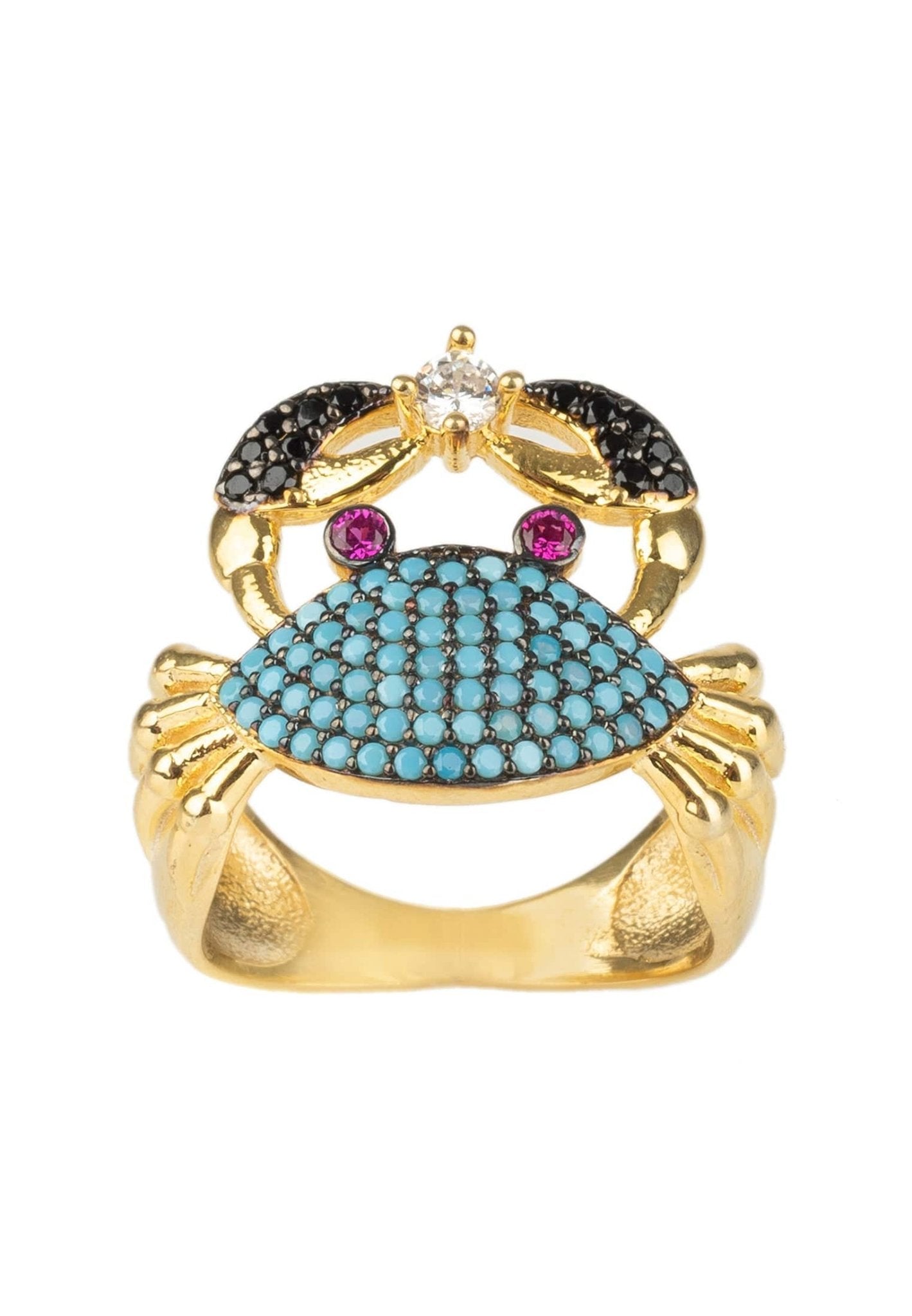 A vibrant Crab Cocktail Ring featuring a turquoise blue body, pink eyes, and black claws, elegantly crafted in 925 sterling silver with 22ct gold.