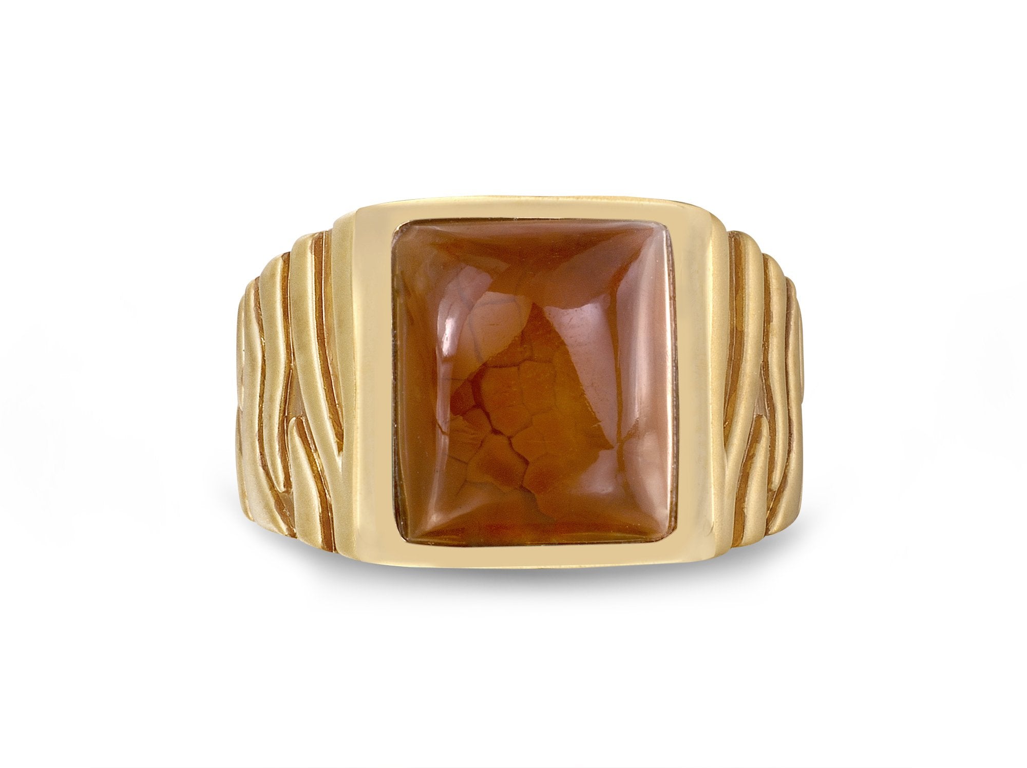 Elegant Cracked Agate Stone Signet Ring featuring Brown Rhodium and 14K Yellow Gold plating, showcasing a unique design and craftsmanship.