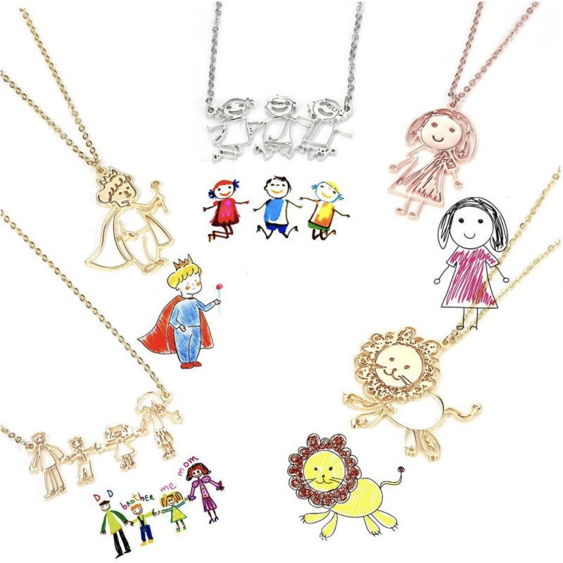 Customizable Doodle Drawing Necklace in gold, silver, and rose gold plating with a unique drawing design.