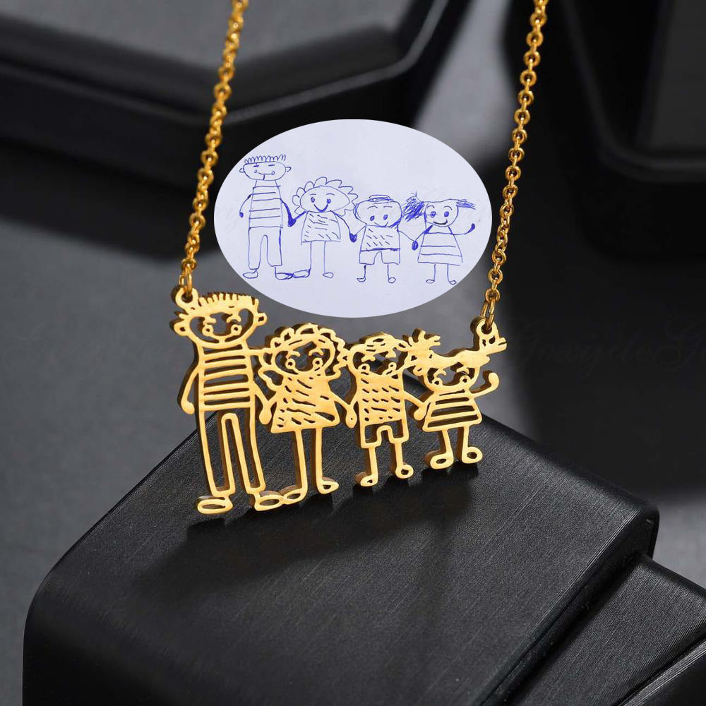 Customizable Doodle Drawing Necklace in gold, silver, and rose gold plating with a unique drawing design.