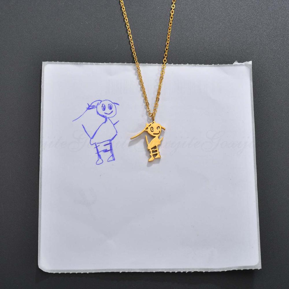 Customizable Doodle Drawing Necklace in gold, silver, and rose gold plating with a unique drawing design.
