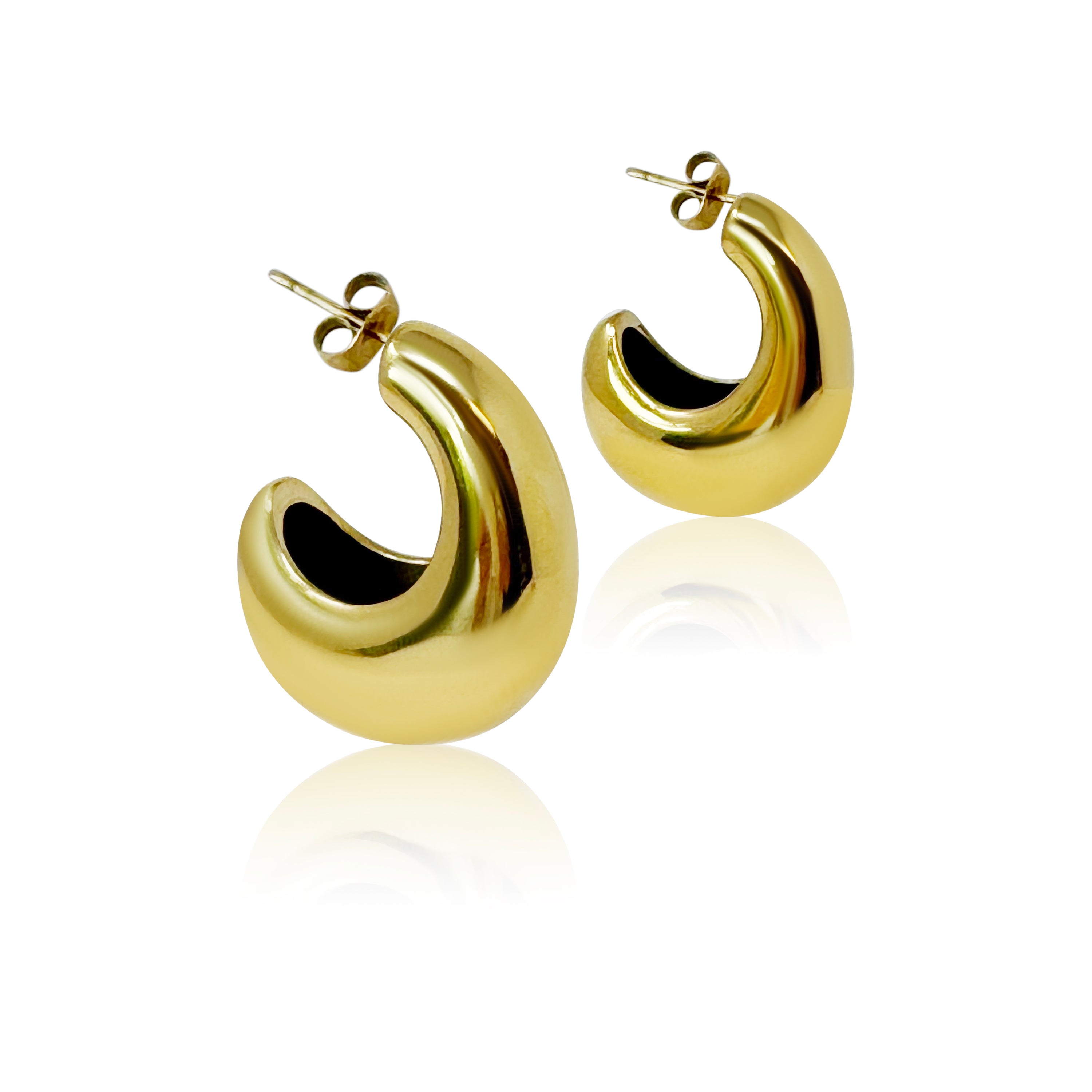 Crescent Halo Golden Hoop Earrings showcasing a unique crescent shape design in 18k gold plated stainless steel.
